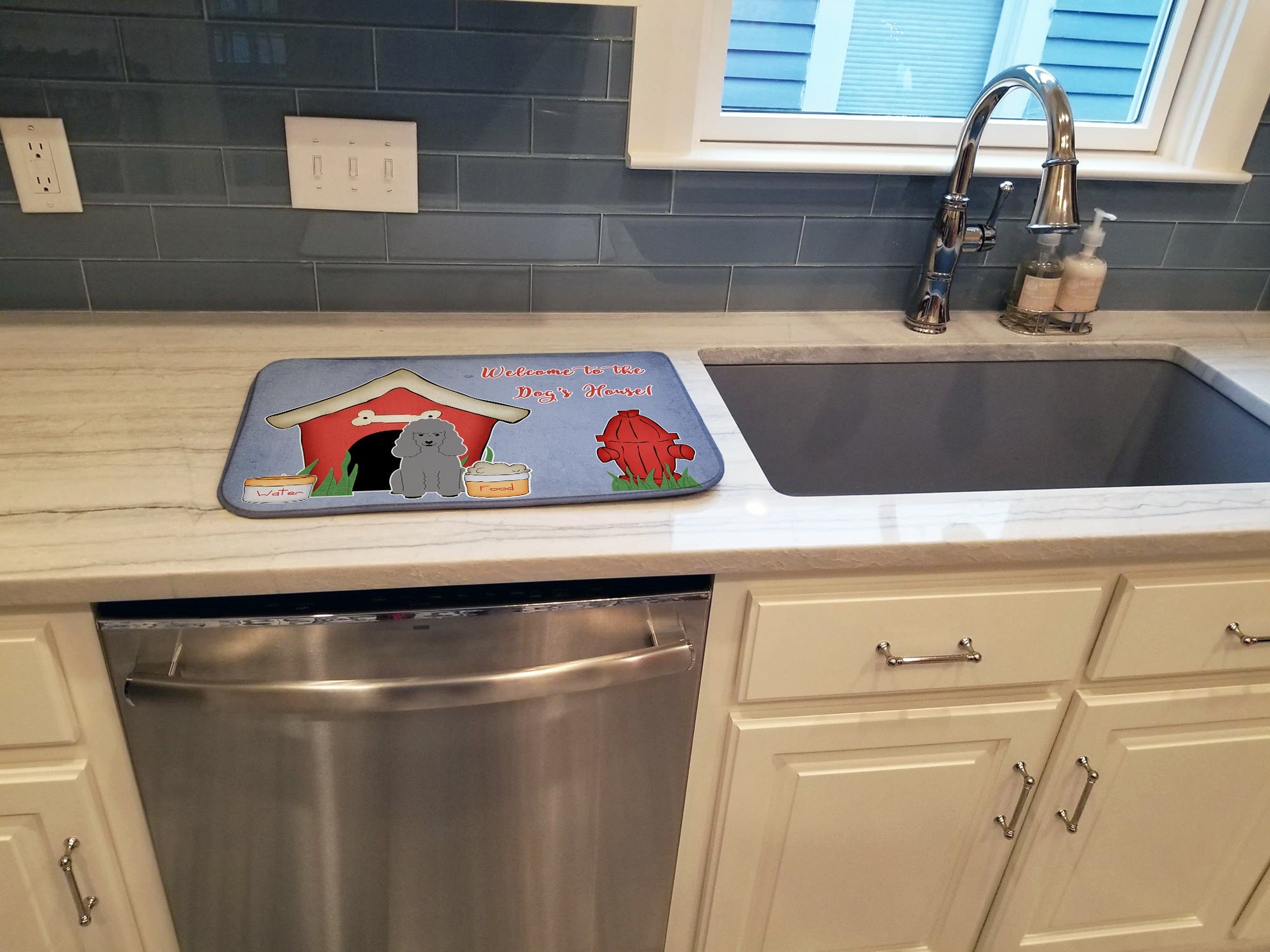 Dog House Collection Poodle Silver Dish Drying Mat Absorbent Dish Drying Mat Pad for Kitchen Counter Dish Drainer Mat for Countertop, 14 x 21", Multicolor