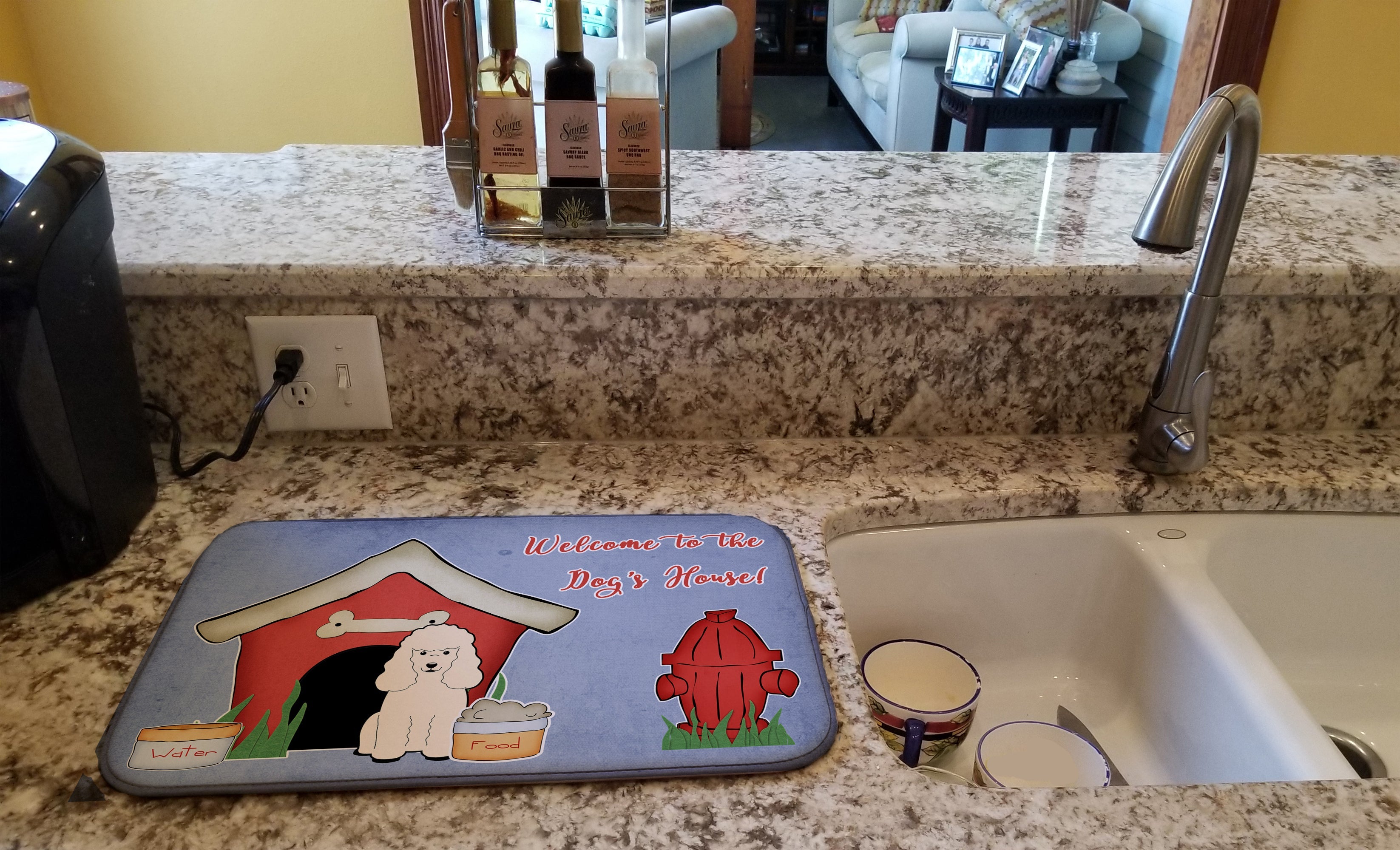 Dog House Collection Poodle White Dish Drying Mat Absorbent Dish Drying Mat Pad for Kitchen Counter Dish Drainer Mat for Countertop, 14 x 21", Multicolor