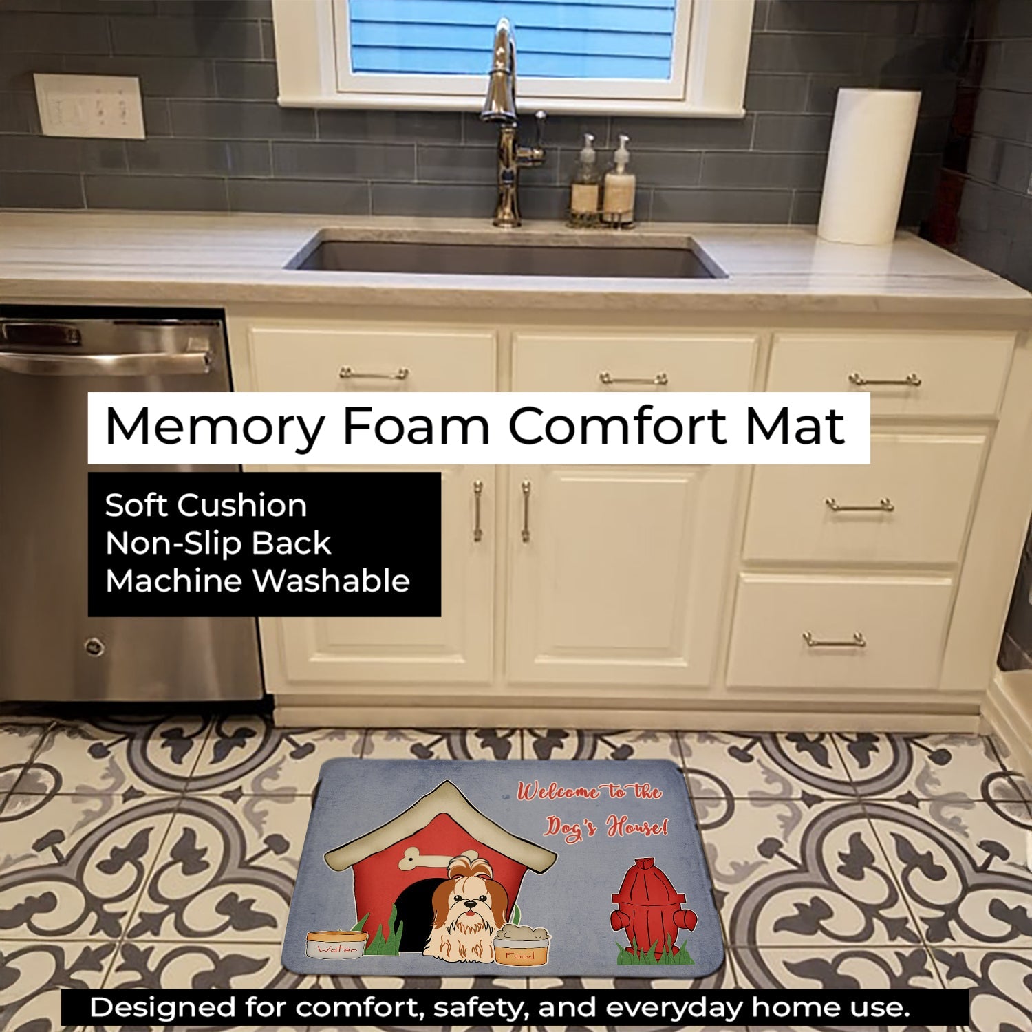 Dog House Collection Shih Tzu Red White Memory Foam Kitchen Mat Machine Washable Anti-Fatigue Cushion Comfort Bath or Kitchen Rug