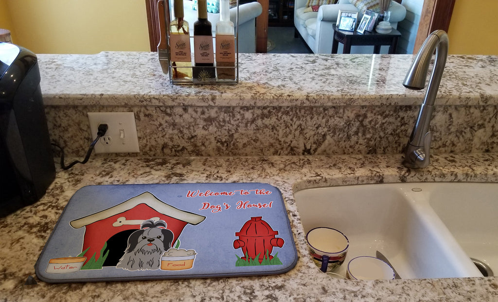 Dog House Collection Shih Tzu Black Silver Dish Drying Mat Absorbent Dish Drying Mat Pad for Kitchen Counter Dish Drainer Mat for Countertop, 14 x 21", Multicolor