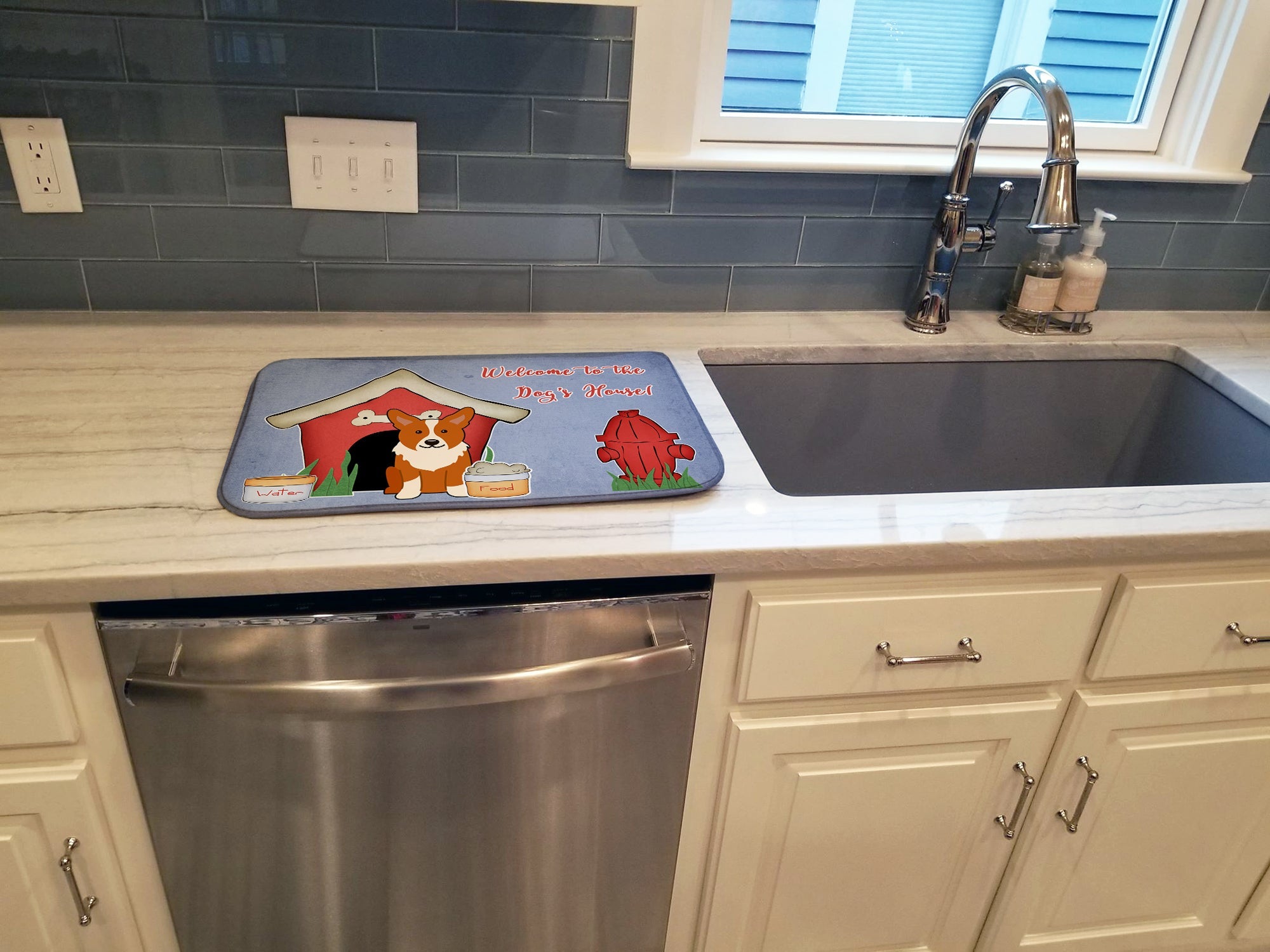 Dog House Collection Corgi Dish Drying Mat Absorbent Dish Drying Mat Pad for Kitchen Counter Dish Drainer Mat for Countertop, 14 x 21", Multicolor