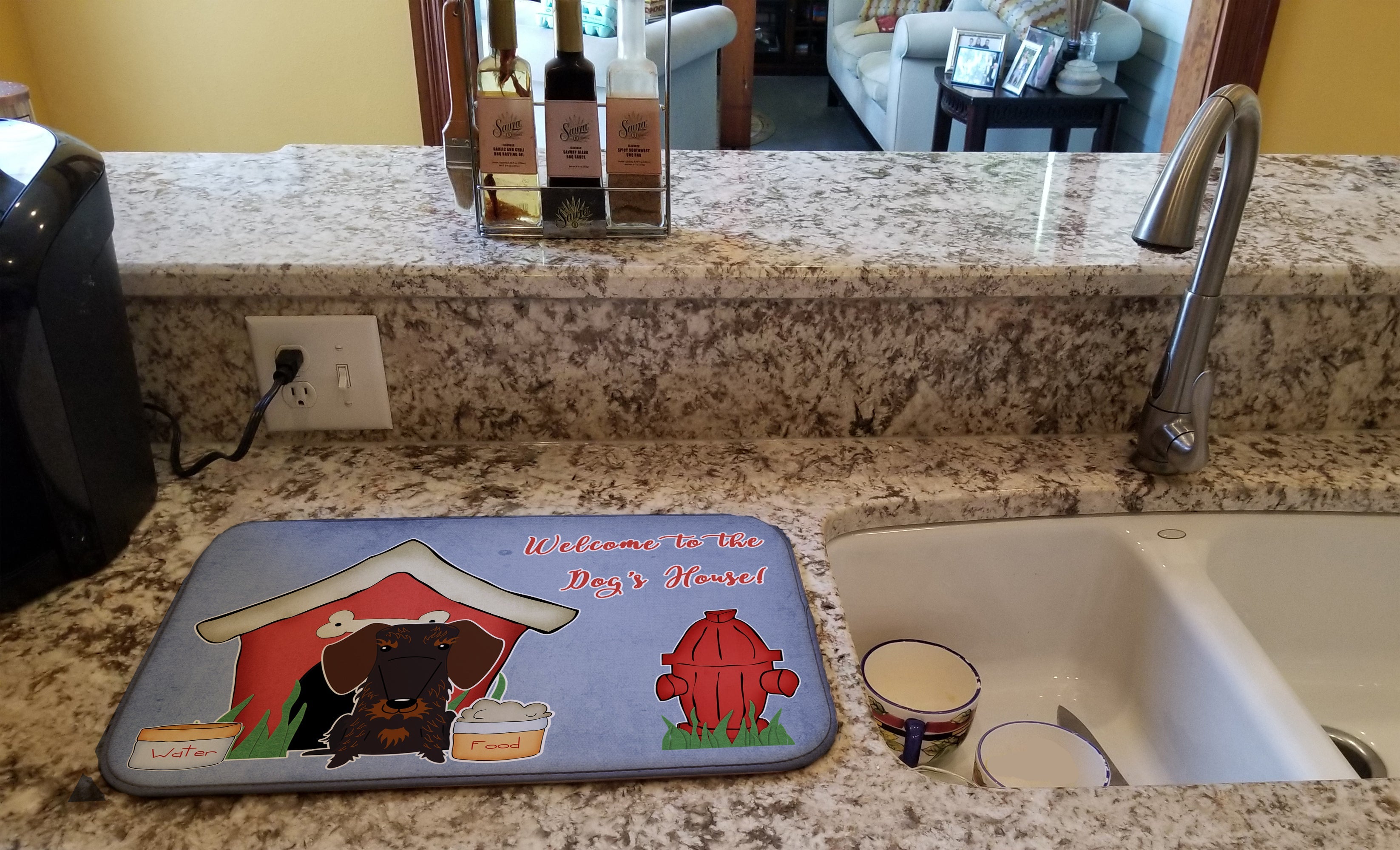 Dog House Collection Wire Haired Dachshund Chocolate Dish Drying Mat Absorbent Dish Drying Mat Pad for Kitchen Counter Dish Drainer Mat for Countertop, 14 x 21", Multicolor