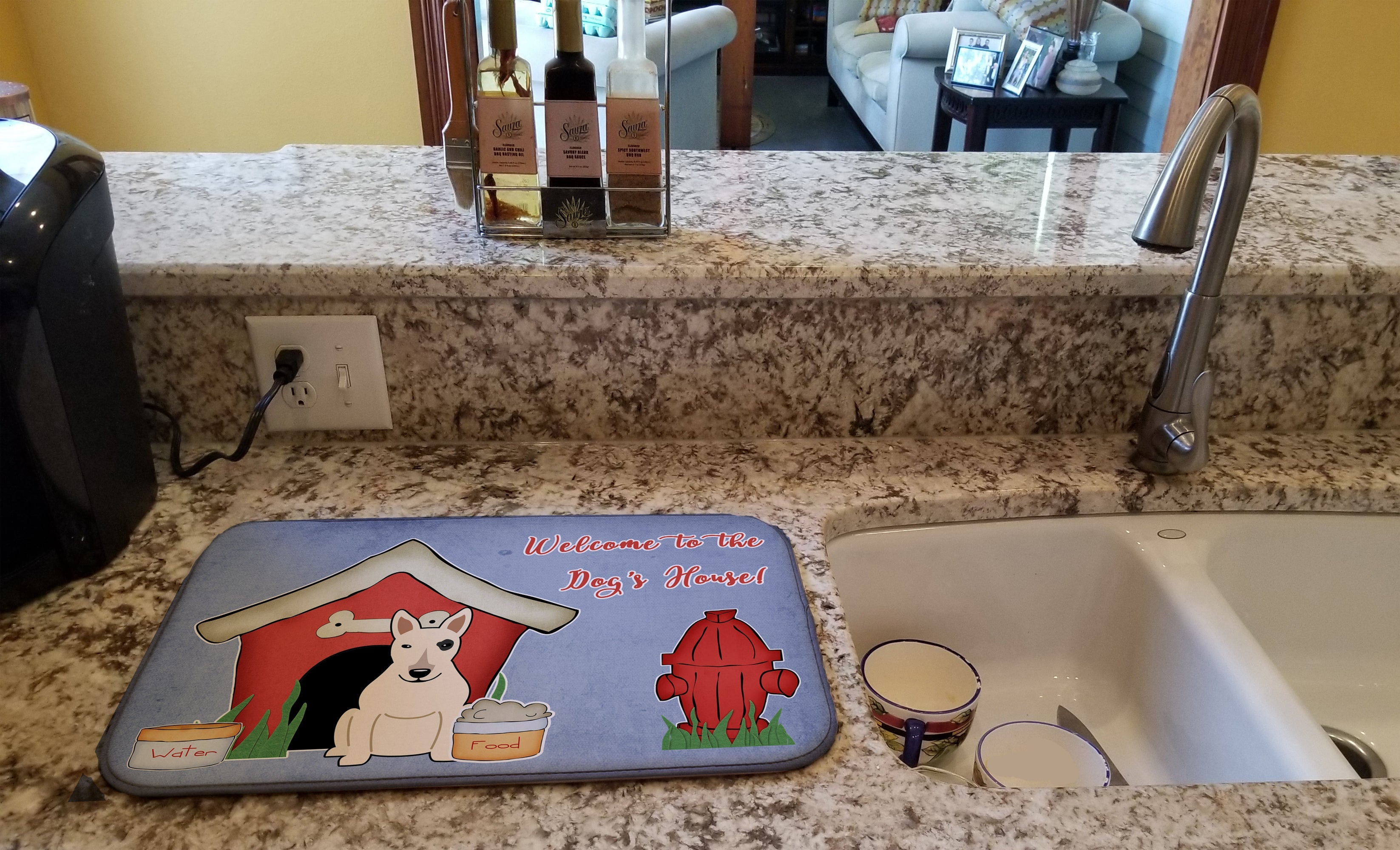 Dog House Collection Bull Terrier White Dish Drying Mat Absorbent Dish Drying Mat Pad for Kitchen Counter Dish Drainer Mat for Countertop, 14 x 21", Multicolor