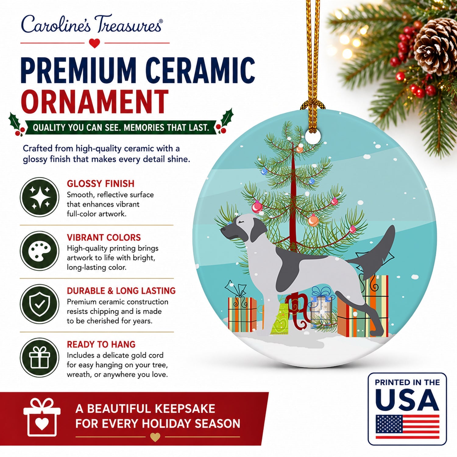 English Setter Merry Christmas Tree Ceramic Ornament Christmas Tree Hanging Decorations for Home Christmas Holiday, Party, Gift, 3 in, Multicolor