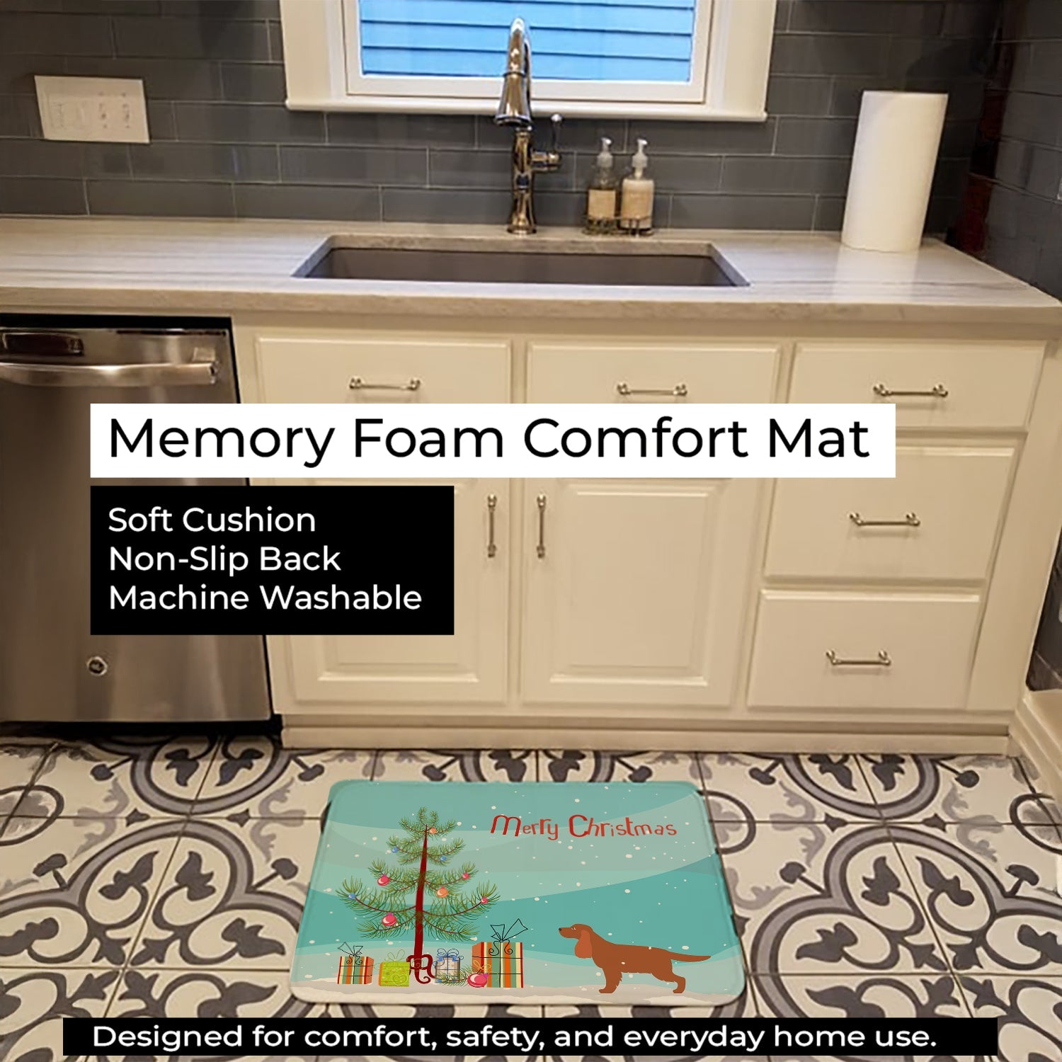 English Cocker Spaniel Merry Christmas Tree Memory Foam Kitchen Mat Machine Washable Anti-Fatigue Cushion Comfort Bath or Kitchen Rug