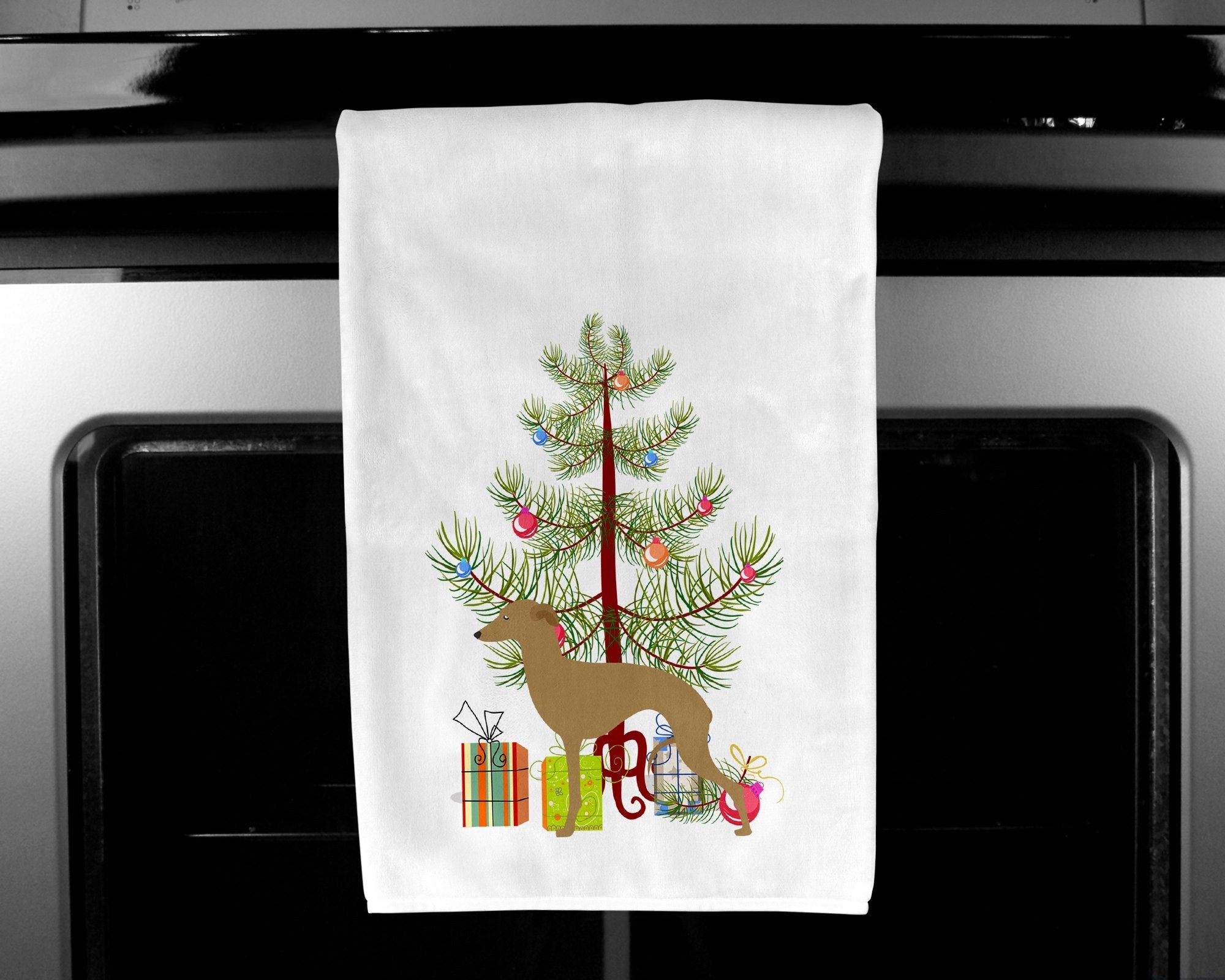 Italian Greyhound Merry Christmas Tree Kitchen Towel Set of 2 White Dish Towels Decorative Bathroom Hand towel for Hand, Face, Hair, Yoga, Tea, Dishcloth, 19 X 28", White