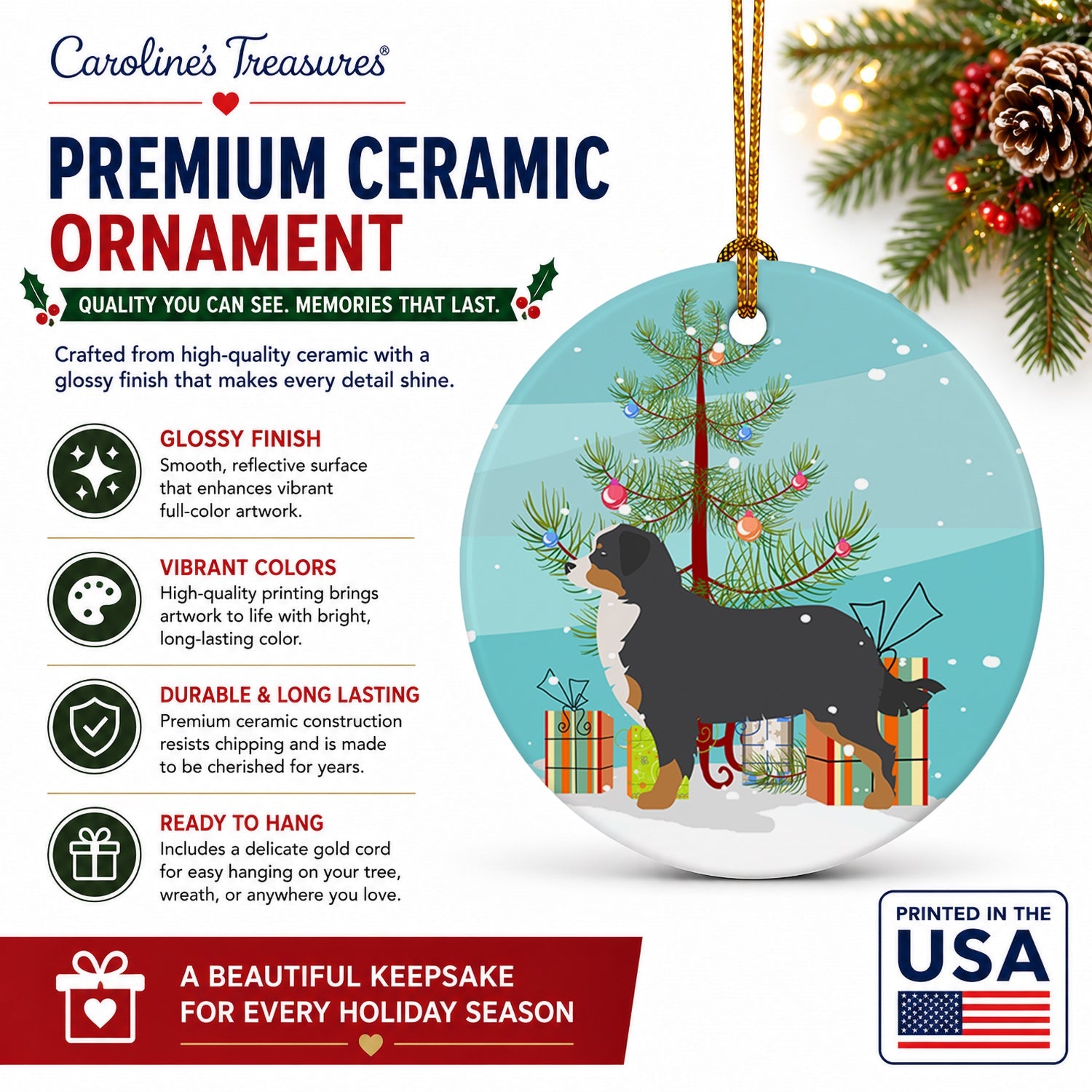 Bernese Mountain Dog Merry Christmas Tree Ceramic Ornament Christmas Tree Hanging Decorations for Home Christmas Holiday, Party, Gift, 3 in, Multicolor