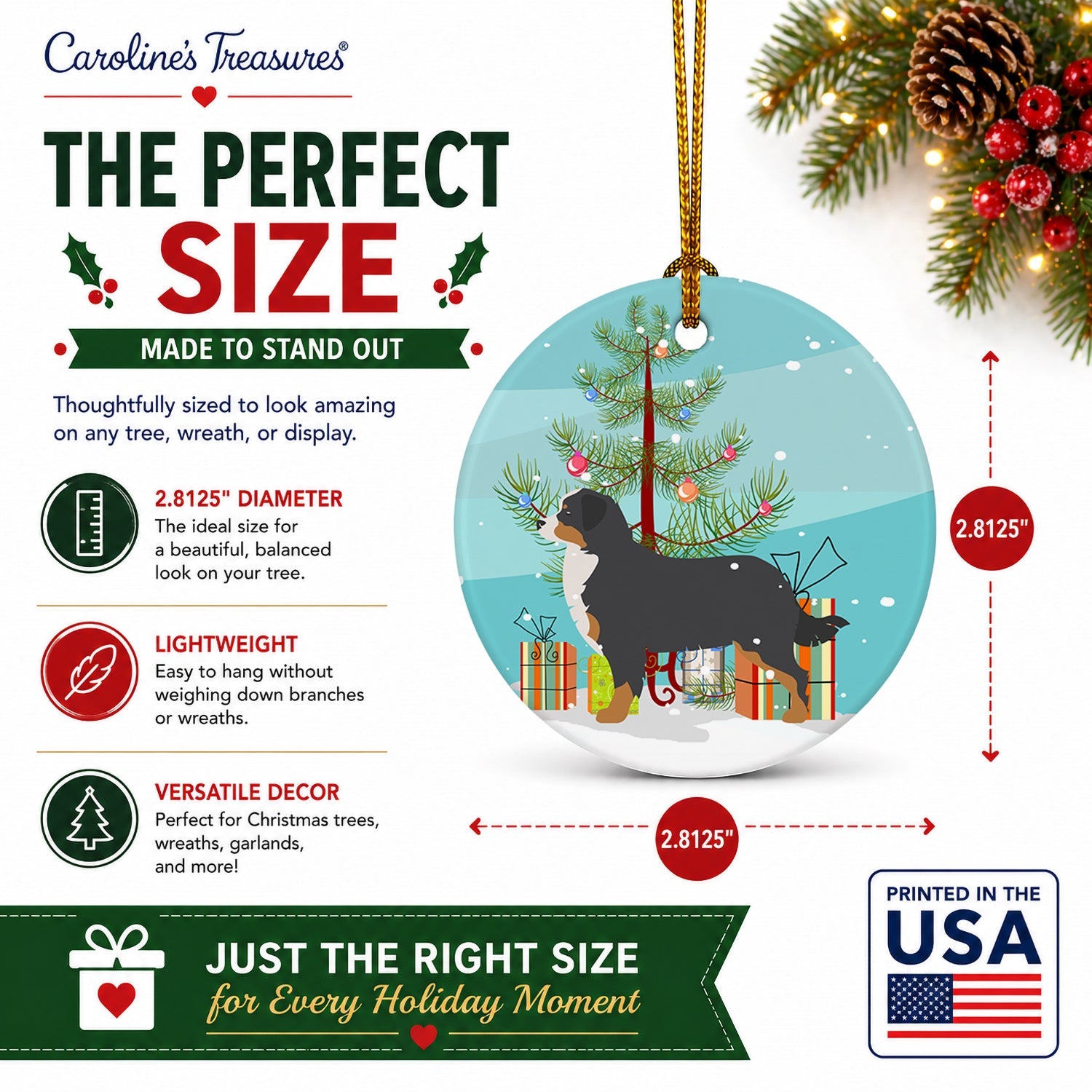 Bernese Mountain Dog Merry Christmas Tree Ceramic Ornament Christmas Tree Hanging Decorations for Home Christmas Holiday, Party, Gift, 3 in, Multicolor