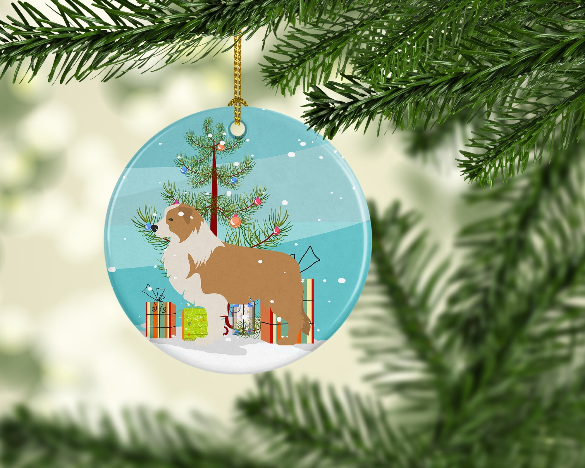 Red Border Collie Merry Christmas Tree Ceramic Ornament Christmas Tree Hanging Decorations for Home Christmas Holiday, Party, Gift, 3 in, Multicolor