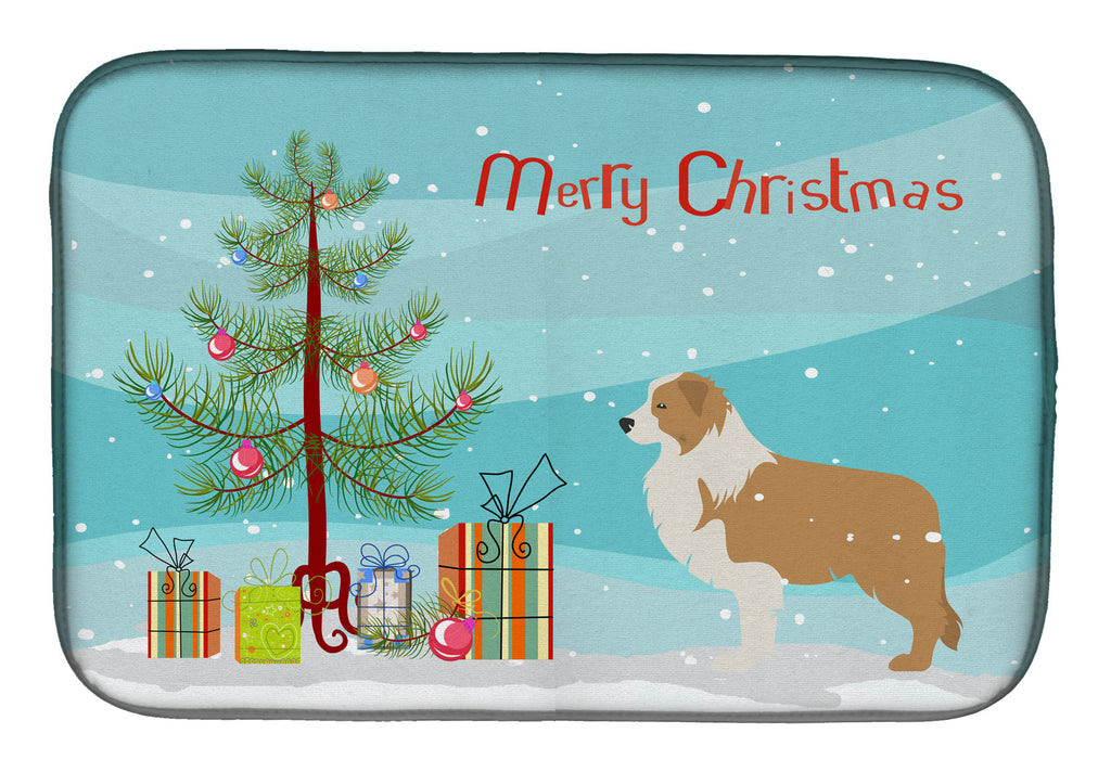 Red Border Collie Merry Christmas Tree Dish Drying Mat Absorbent Dish Drying Mat Pad for Kitchen Counter Dish Drainer Mat for Countertop, 14 x 21", Multicolor