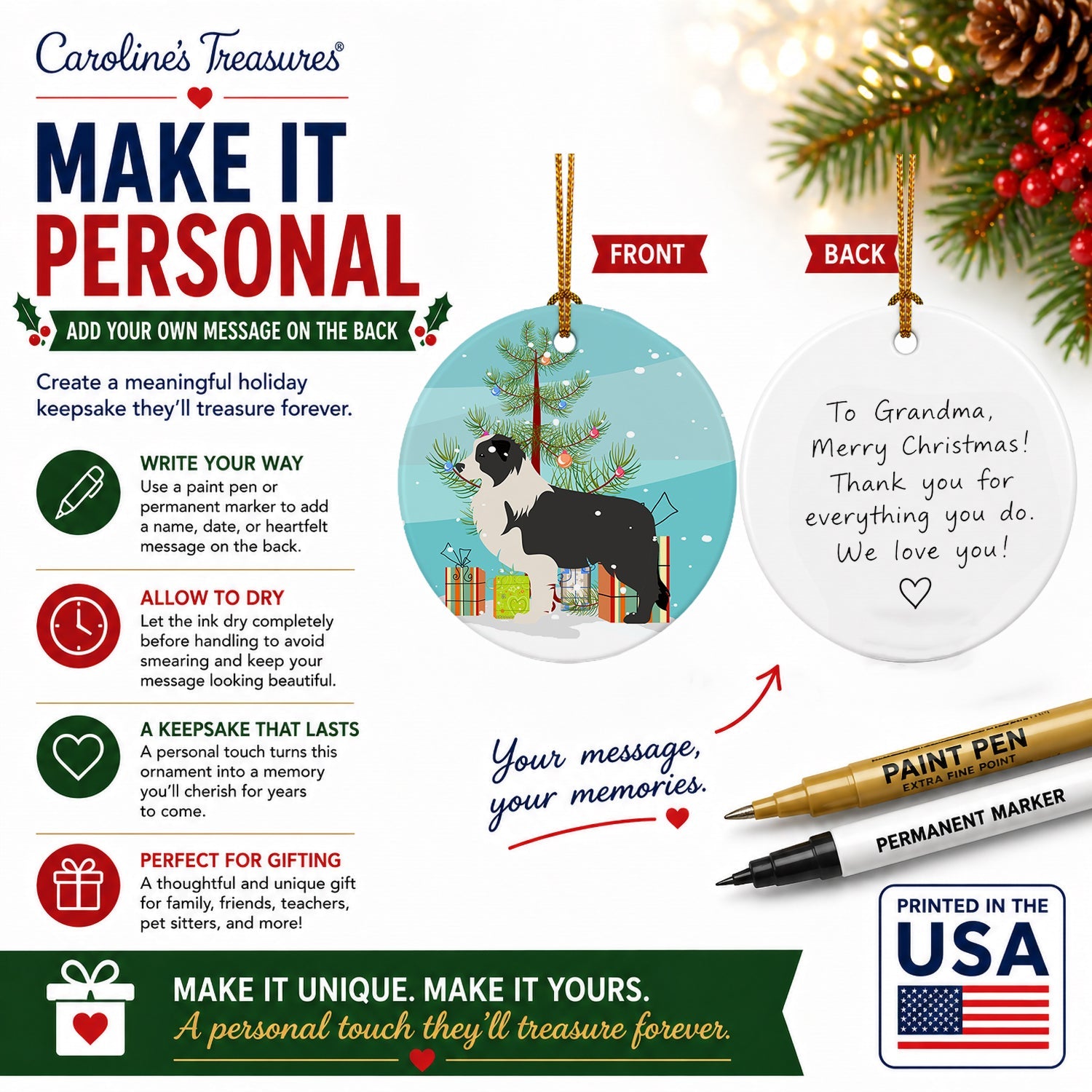 Black Border Collie Merry Christmas Tree Ceramic Ornament Christmas Tree Hanging Decorations for Home Christmas Holiday, Party, Gift, 3 in, Multicolor