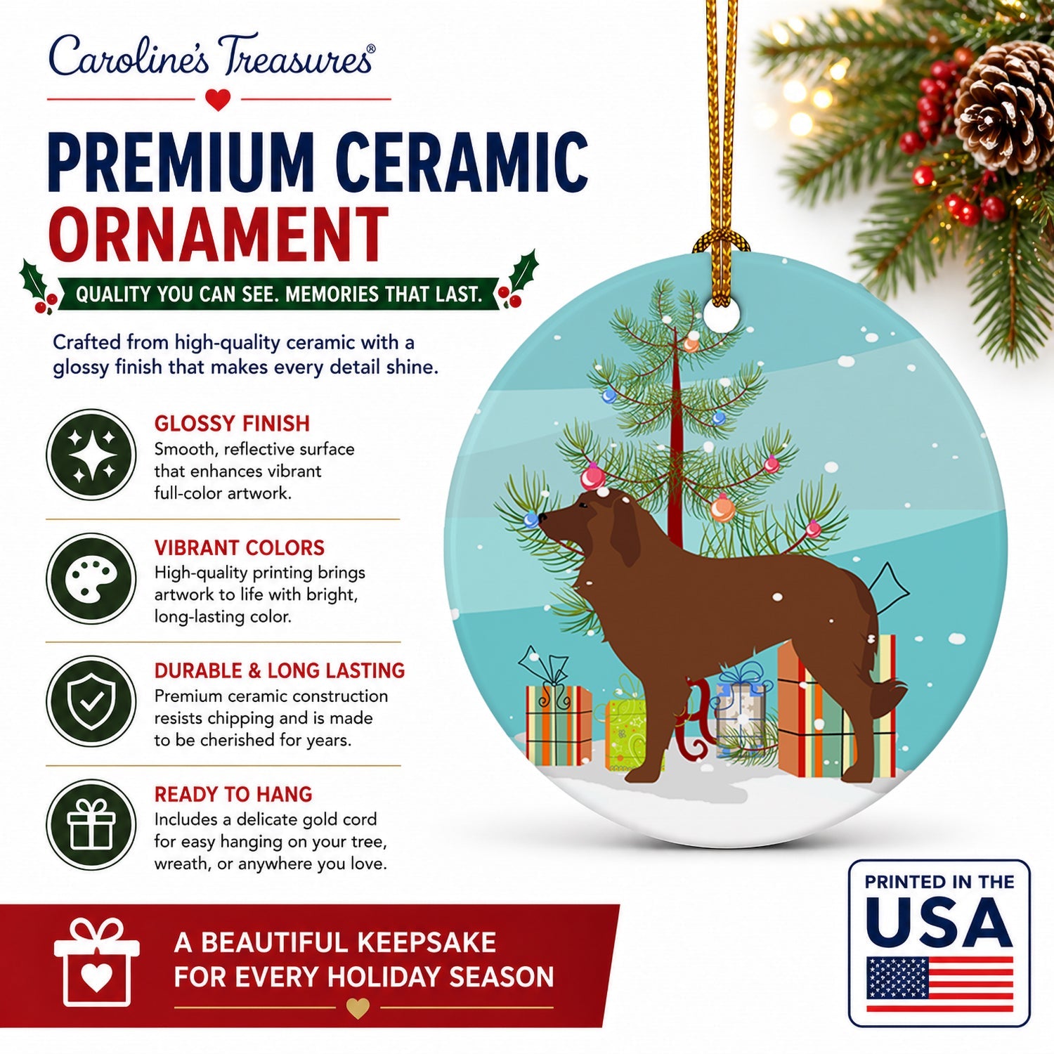 Portuguese Sheepdog Dog Merry Christmas Tree Ceramic Ornament Christmas Tree Hanging Decorations for Home Christmas Holiday, Party, Gift, 3 in, Multicolor