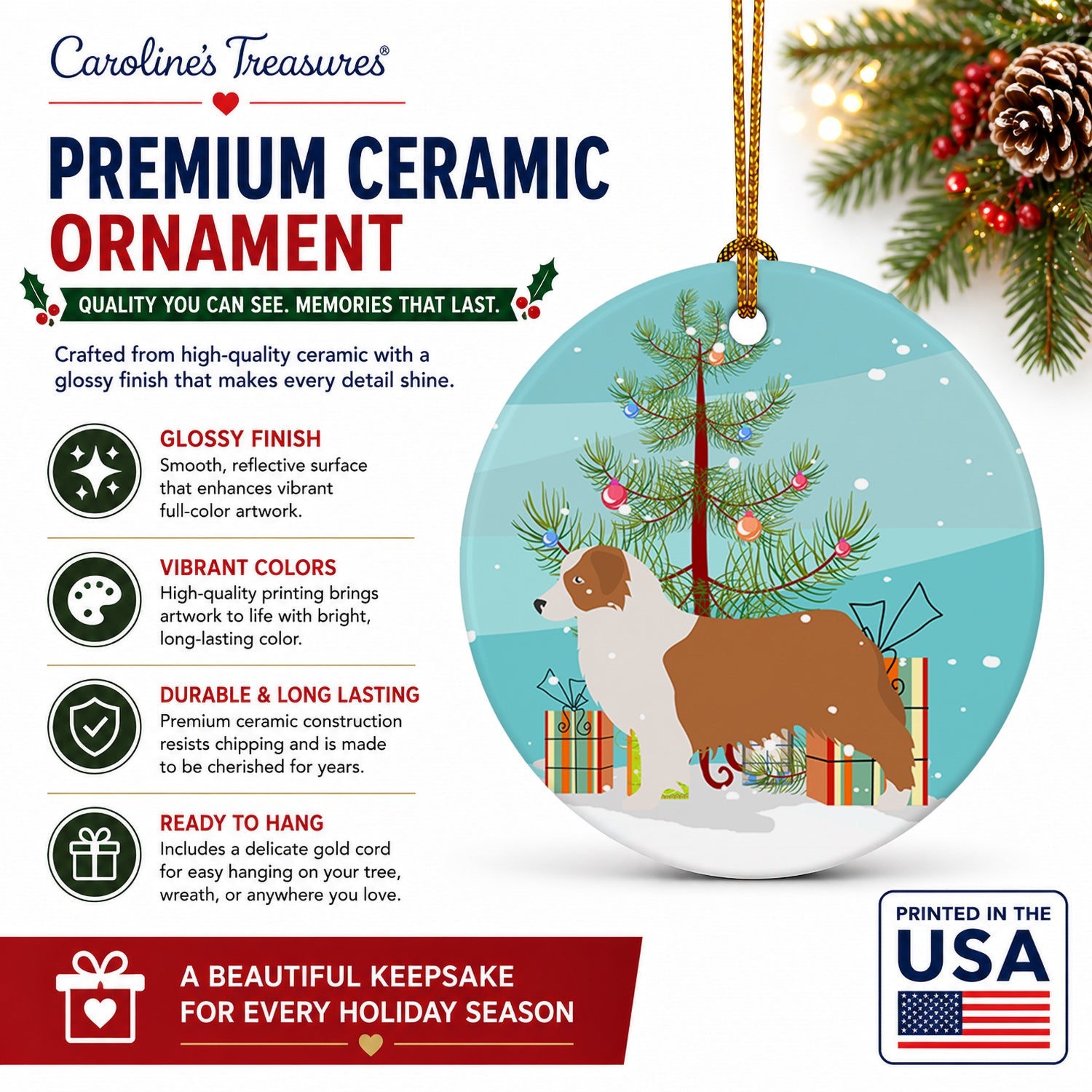 Australian Shepherd Dog Merry Christmas Tree Ceramic Ornament Christmas Tree Hanging Decorations for Home Christmas Holiday, Party, Gift, 3 in, Multicolor