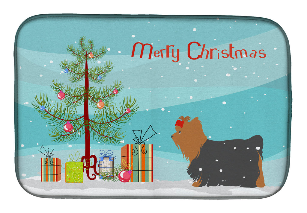 Yorkshire Terrier Yorkie Merry Christmas Tree Dish Drying Mat Absorbent Dish Drying Mat Pad for Kitchen Counter Dish Drainer Mat for Countertop, 14 x 21", Multicolor