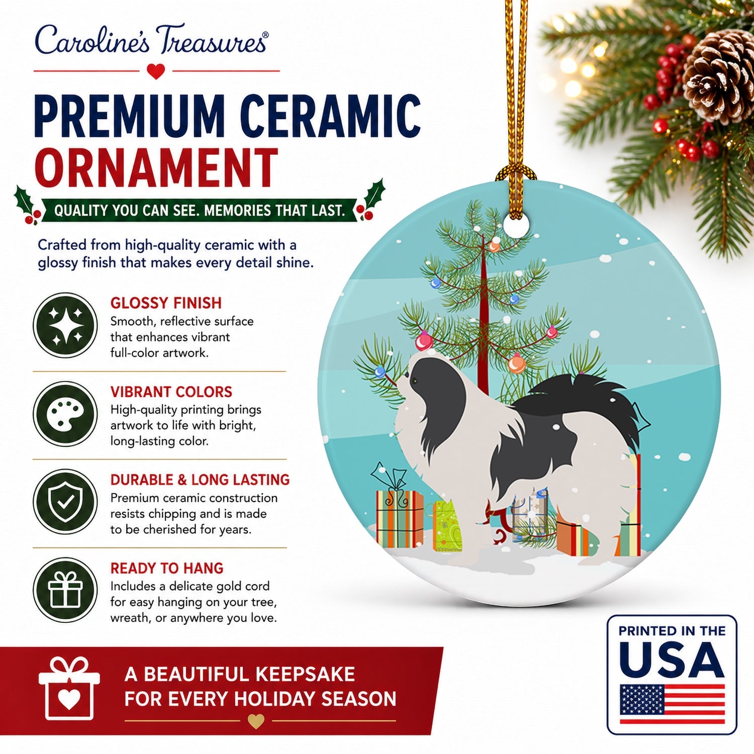 Japanese Chin Merry Christmas Tree Ceramic Ornament Christmas Tree Hanging Decorations for Home Christmas Holiday, Party, Gift, 3 in, Multicolor