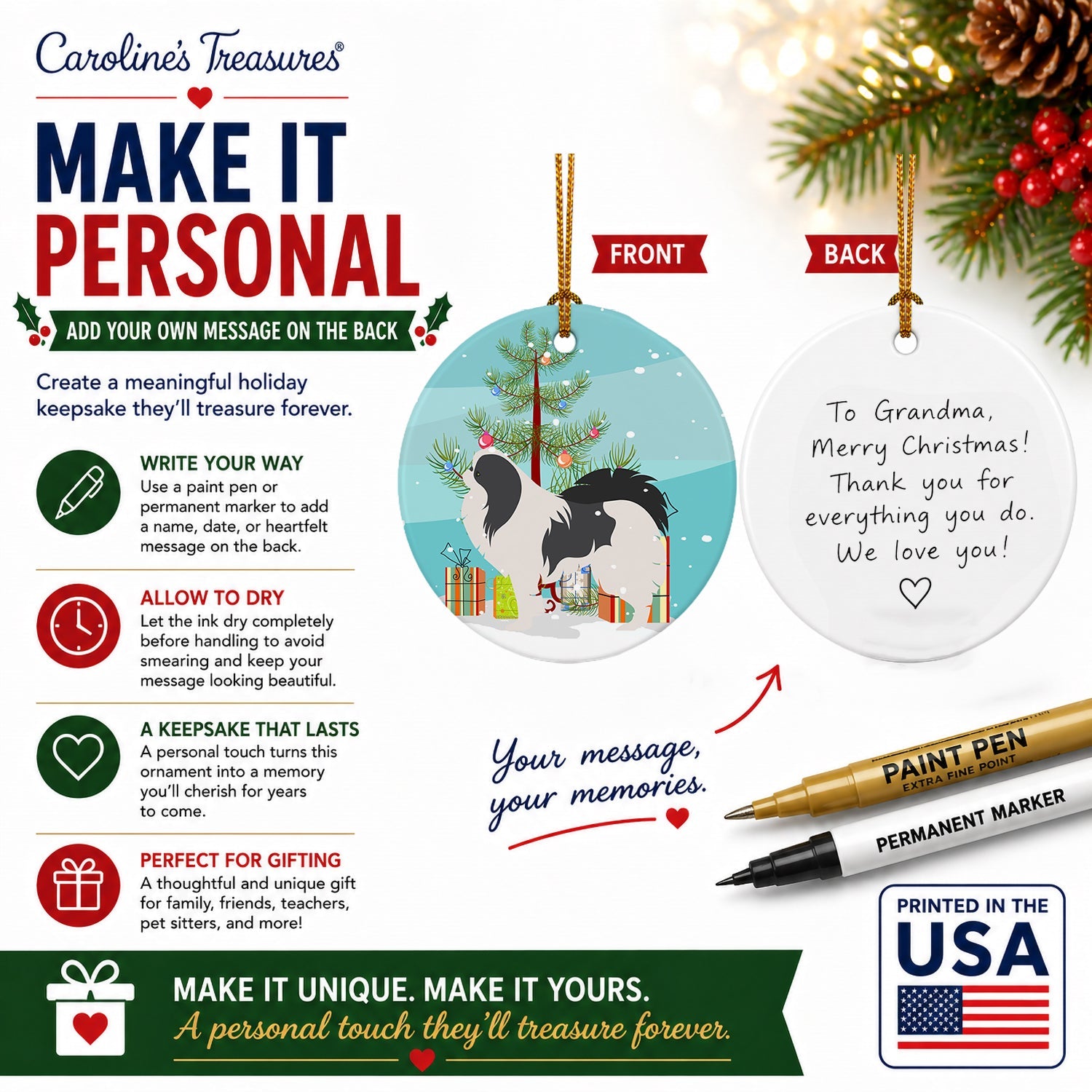 Japanese Chin Merry Christmas Tree Ceramic Ornament Christmas Tree Hanging Decorations for Home Christmas Holiday, Party, Gift, 3 in, Multicolor