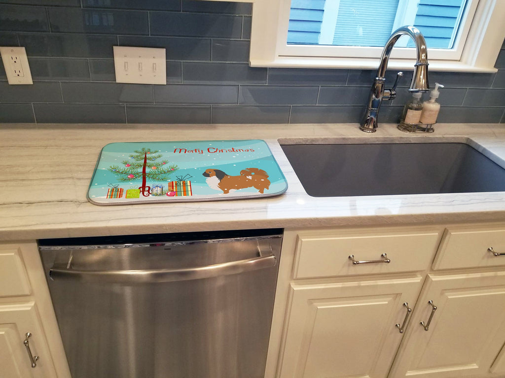 Pekingese Merry Christmas Tree Dish Drying Mat Absorbent Dish Drying Mat Pad for Kitchen Counter Dish Drainer Mat for Countertop, 14 x 21", Multicolor