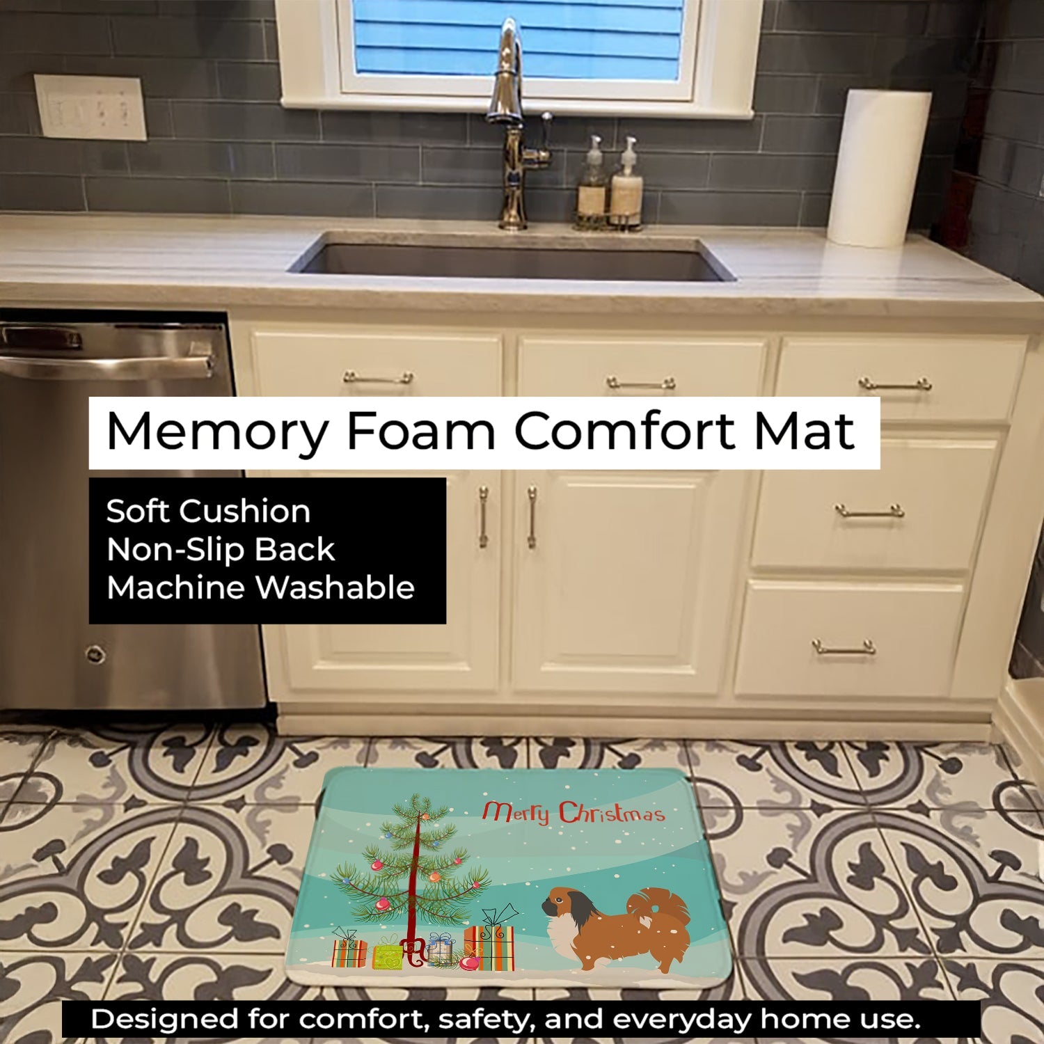 Pekingese Merry Christmas Tree Memory Foam Kitchen Mat Machine Washable Anti-Fatigue Cushion Comfort Bath or Kitchen Rug