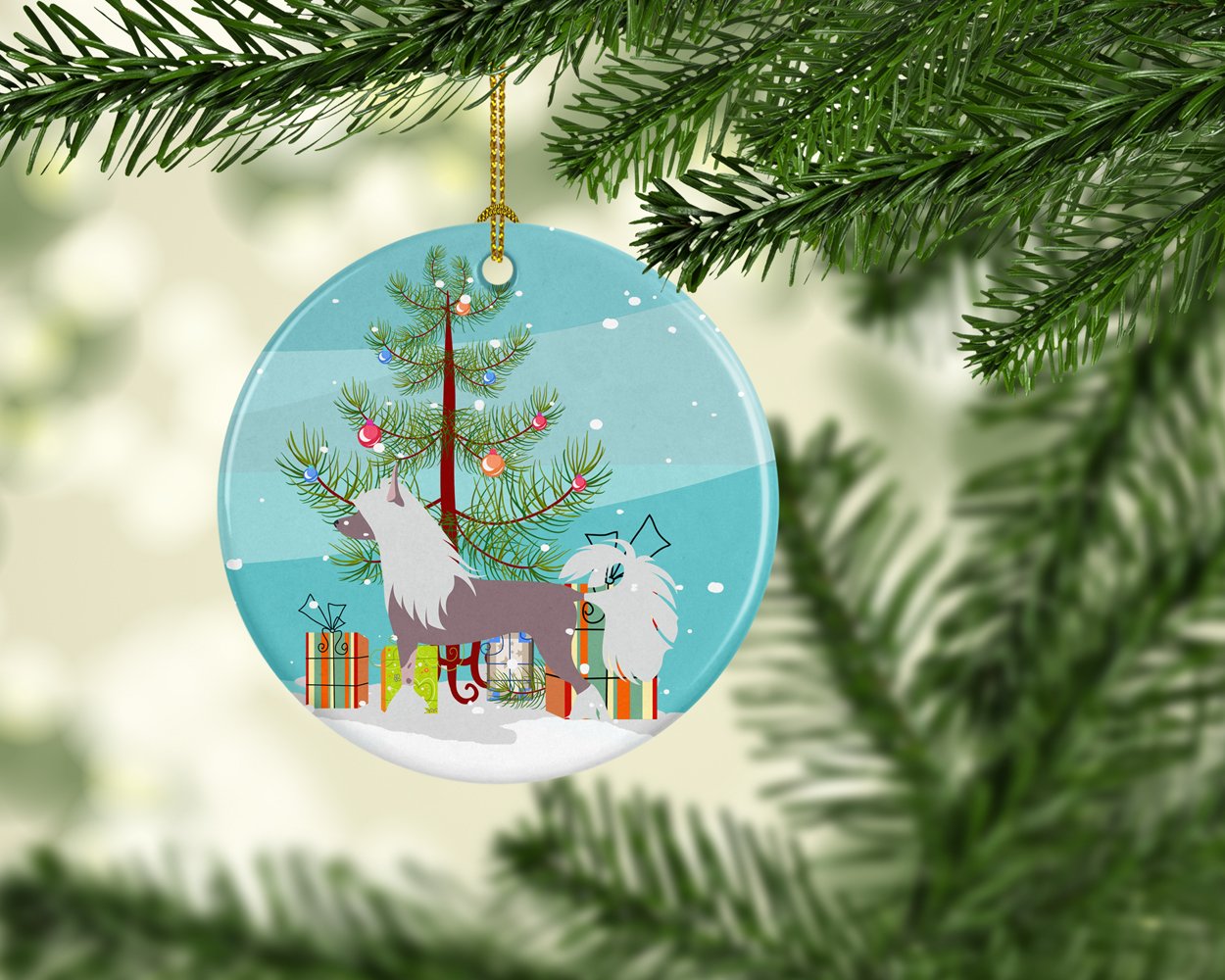 Chinese Crested Merry Christmas Tree Ceramic Ornament Christmas Tree Hanging Decorations for Home Christmas Holiday, Party, Gift, 3 in, Multicolor