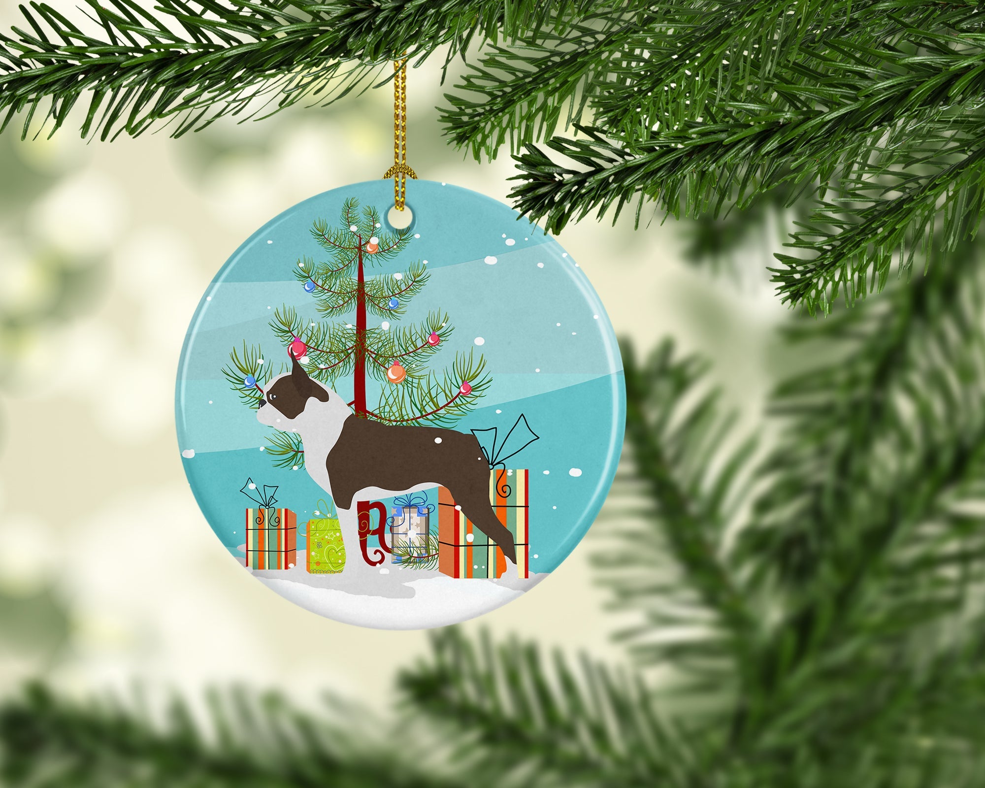 Boston Terrier Merry Christmas Tree Ceramic Ornament Christmas Tree Hanging Decorations for Home Christmas Holiday, Party, Gift, 3 in, Multicolor