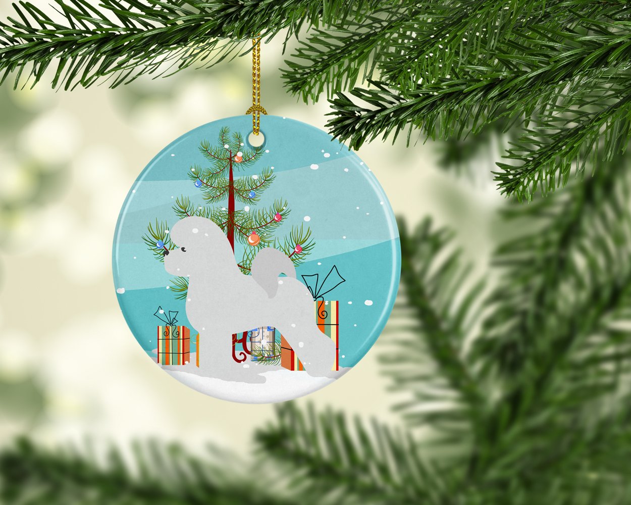 Bichon Frise Merry Christmas Tree Ceramic Ornament Christmas Tree Hanging Decorations for Home Christmas Holiday, Party, Gift, 3 in, Multicolor