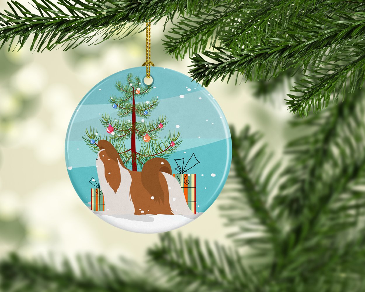 Shih Tzu Merry Christmas Tree Ceramic Ornament Christmas Tree Hanging Decorations for Home Christmas Holiday, Party, Gift, 3 in, Multicolor