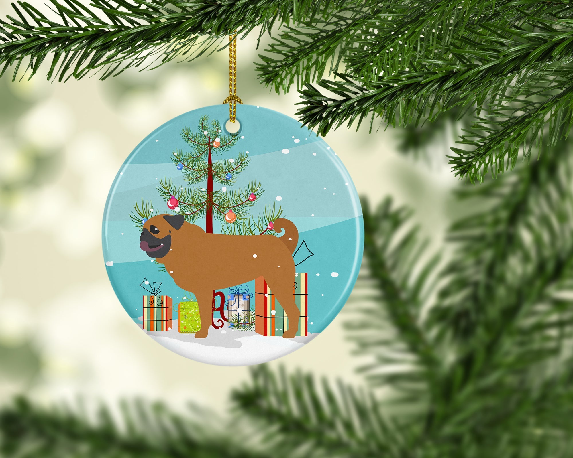 Pug Merry Christmas Tree Ceramic Ornament Christmas Tree Hanging Decorations for Home Christmas Holiday, Party, Gift, 3 in, Multicolor