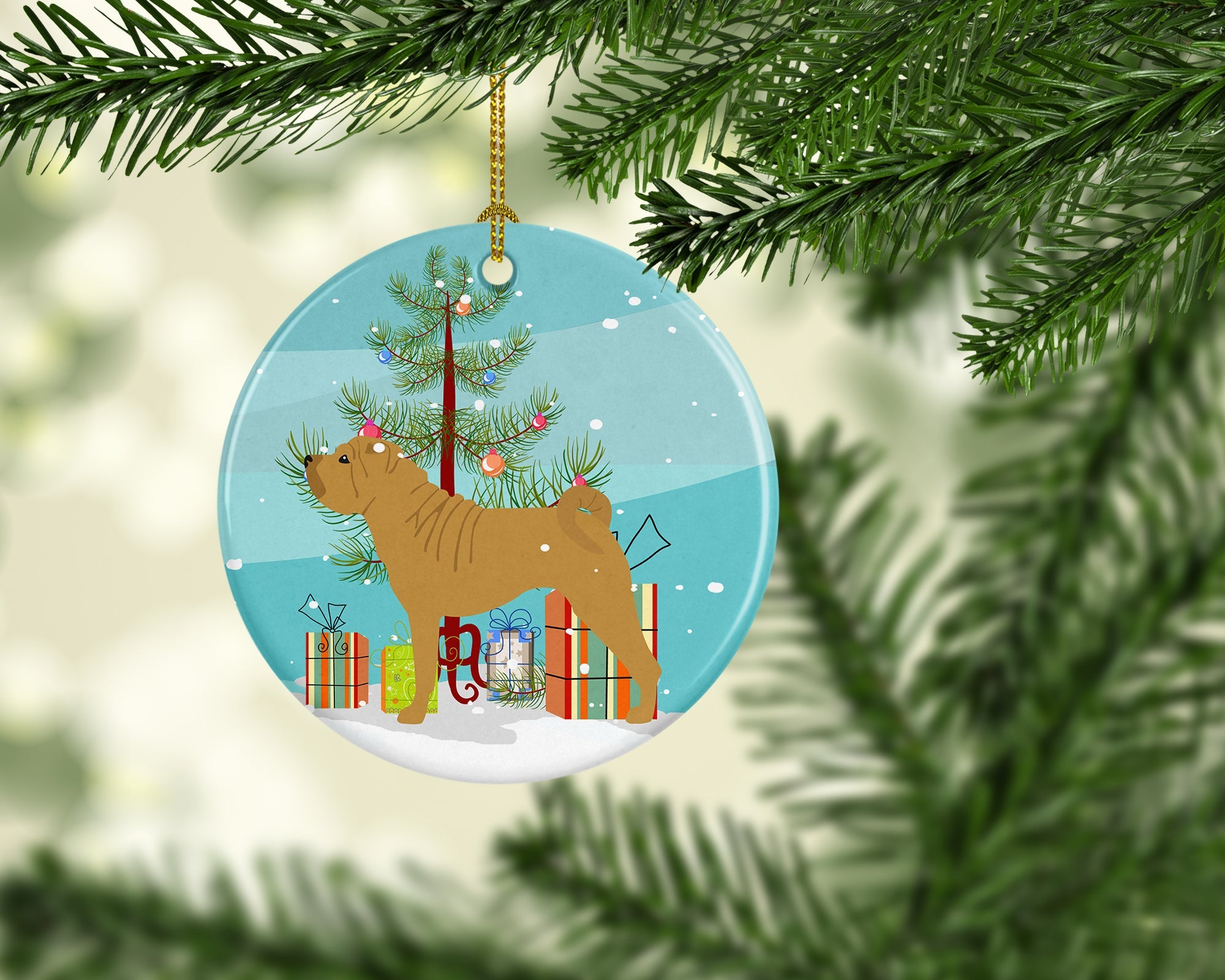 Shar Pei Merry Christmas Tree Ceramic Ornament Christmas Tree Hanging Decorations for Home Christmas Holiday, Party, Gift, 3 in, Multicolor