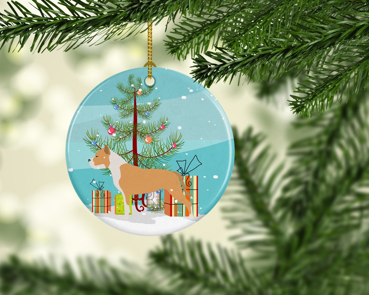 Staffordshire Bull Terrier Merry Christmas Tree Ceramic Ornament Christmas Tree Hanging Decorations for Home Christmas Holiday, Party, Gift, 3 in, Multicolor