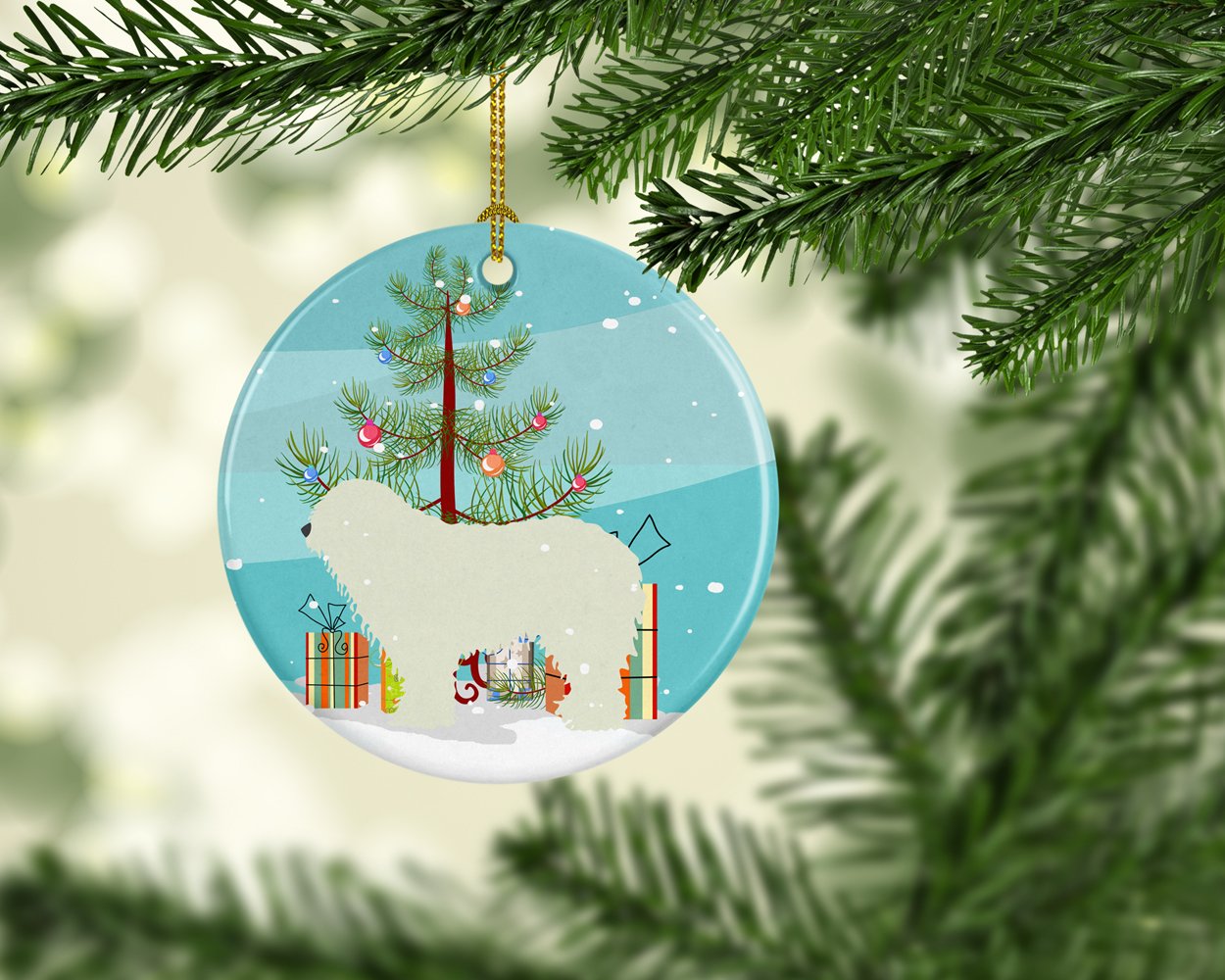 Komondor Merry Christmas Tree Ceramic Ornament Christmas Tree Hanging Decorations for Home Christmas Holiday, Party, Gift, 3 in, Multicolor