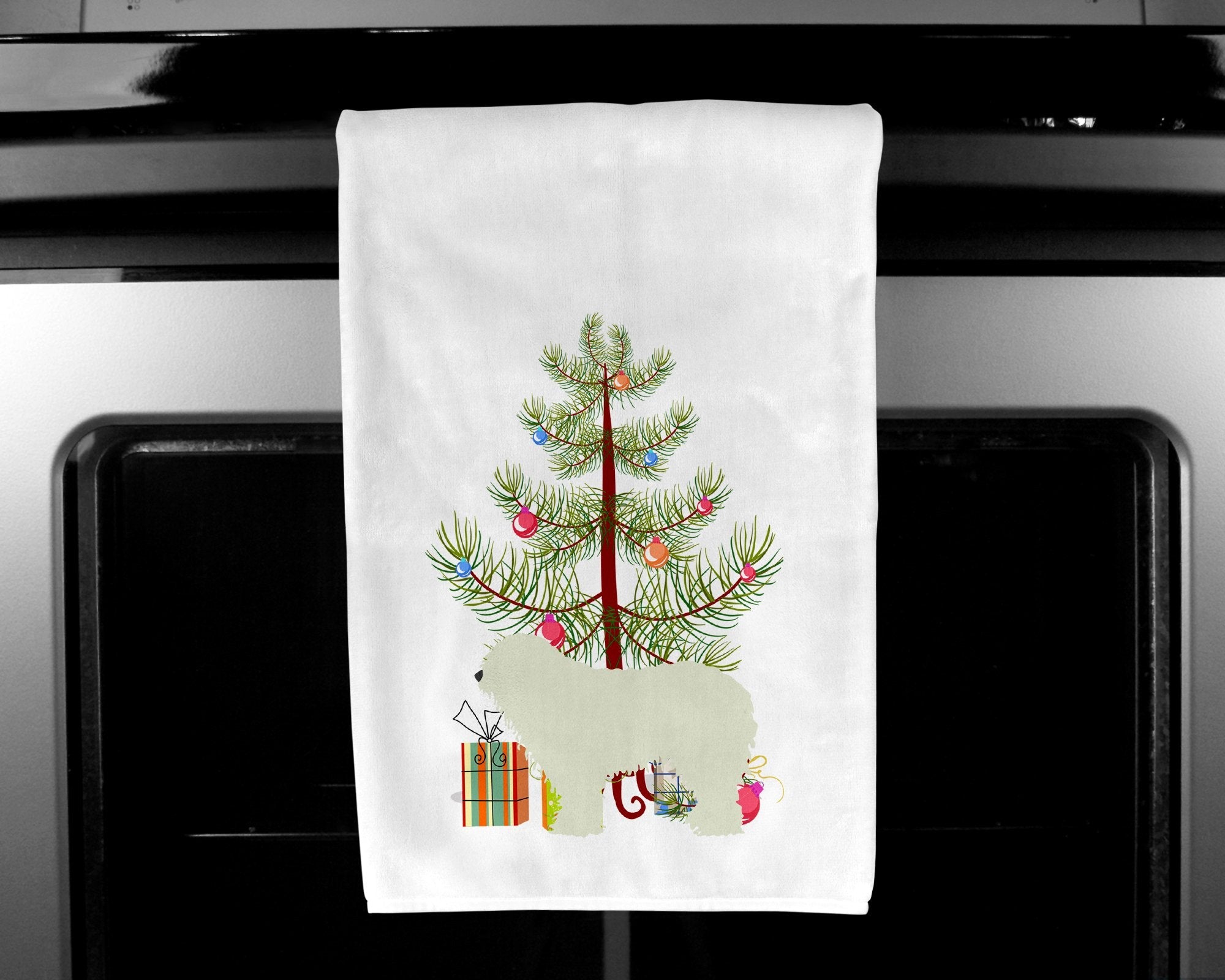 Komondor Merry Christmas Tree Kitchen Towel Set of 2 White Dish Towels Decorative Bathroom Hand towel for Hand, Face, Hair, Yoga, Tea, Dishcloth, 19 X 28", White