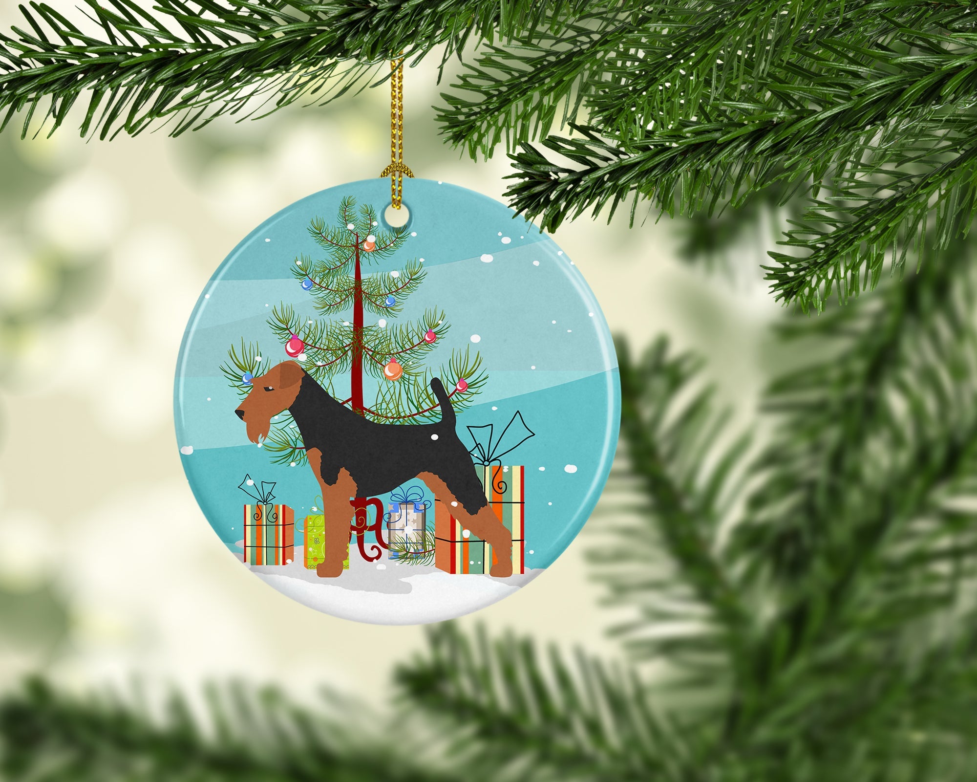 Airedale Terrier Merry Christmas Tree Ceramic Ornament Christmas Tree Hanging Decorations for Home Christmas Holiday, Party, Gift, 3 in, Multicolor