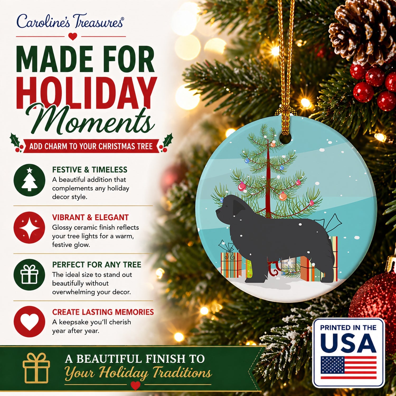 Newfoundland Merry Christmas Tree Ceramic Ornament Christmas Tree Hanging Decorations for Home Christmas Holiday, Party, Gift, 3 in, Multicolor