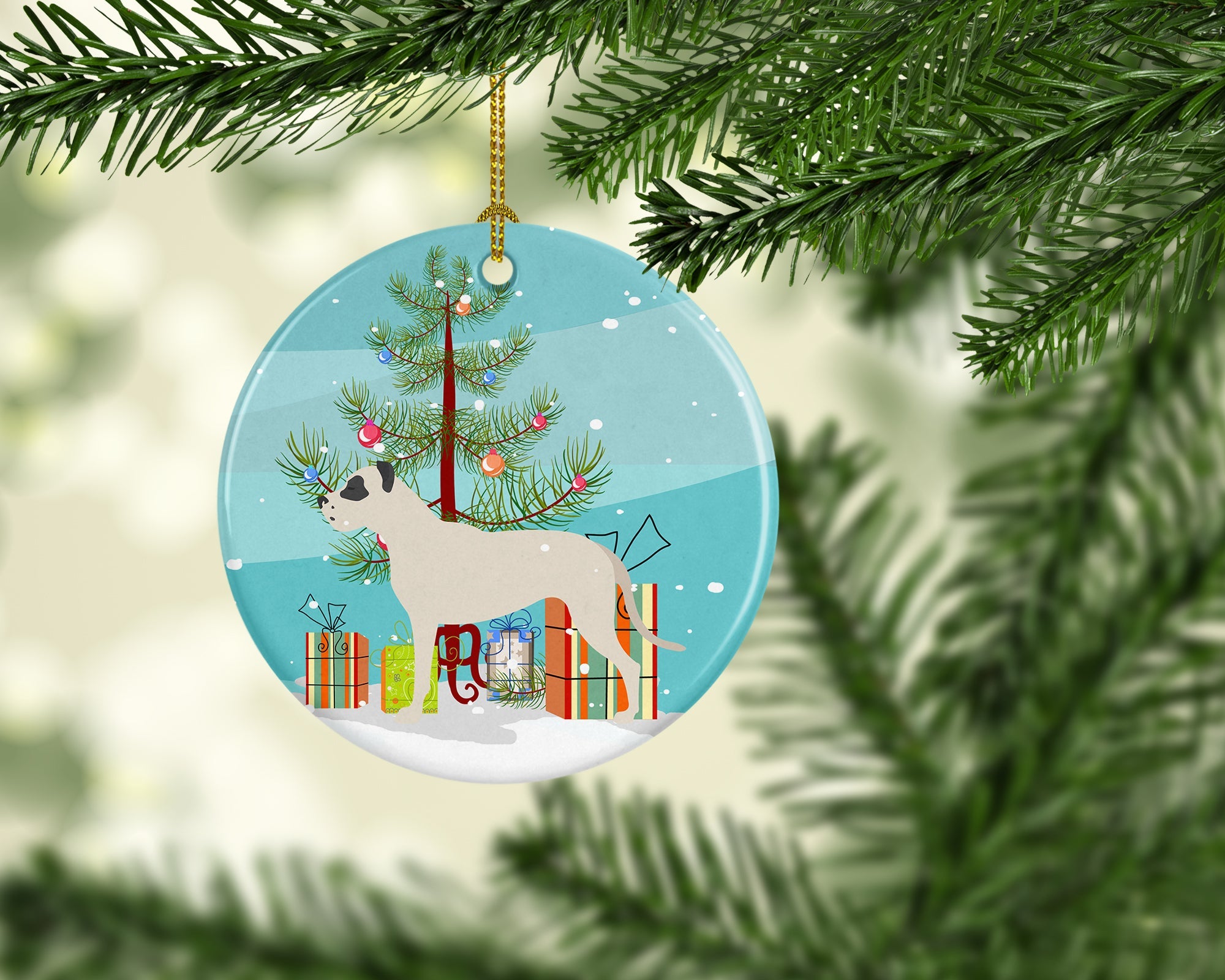 Dogo Argentino Merry Christmas Tree Ceramic Ornament Christmas Tree Hanging Decorations for Home Christmas Holiday, Party, Gift, 3 in, Multicolor