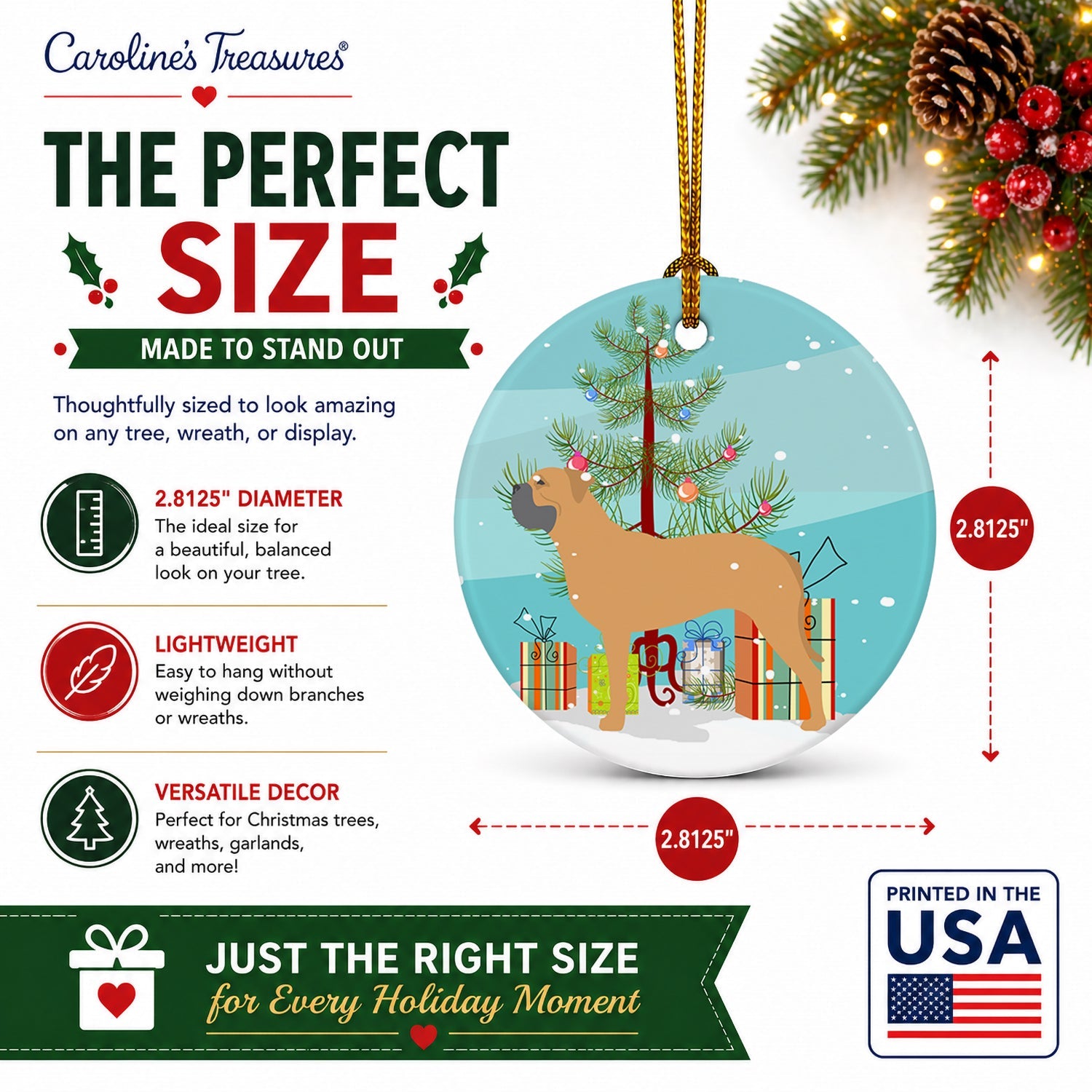 Bullmastiff Merry Christmas Tree Ceramic Ornament Christmas Tree Hanging Decorations for Home Christmas Holiday, Party, Gift, 3 in, Multicolor