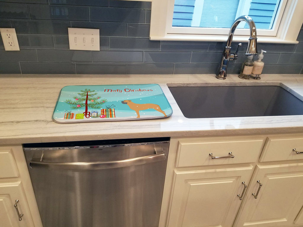 Bullmastiff Merry Christmas Tree Dish Drying Mat Absorbent Dish Drying Mat Pad for Kitchen Counter Dish Drainer Mat for Countertop, 14 x 21", Multicolor