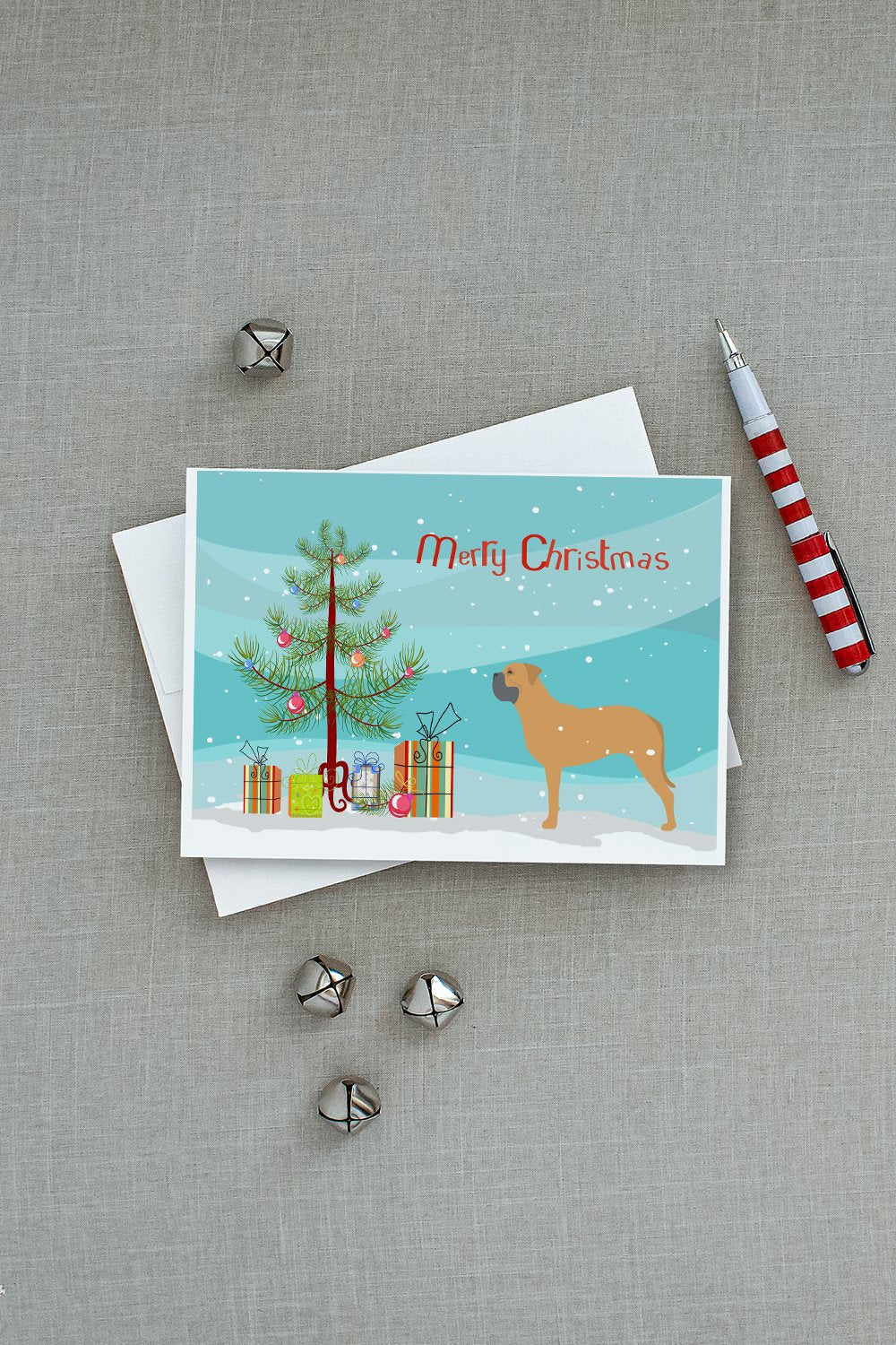 Bullmastiff Merry Christmas Tree Greeting Cards Pack of 8 Blank Cards with Envelopes Whimsical A7 Size 5x7