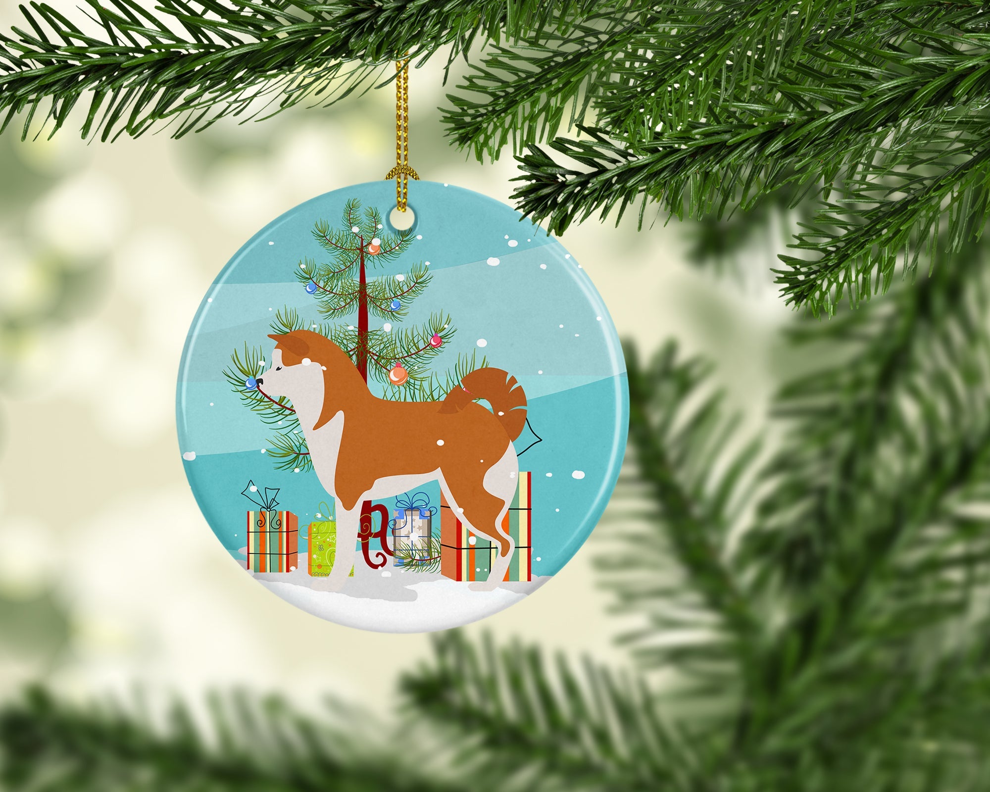 Akita Merry Christmas Tree Ceramic Ornament Christmas Tree Hanging Decorations for Home Christmas Holiday, Party, Gift, 3 in, Multicolor