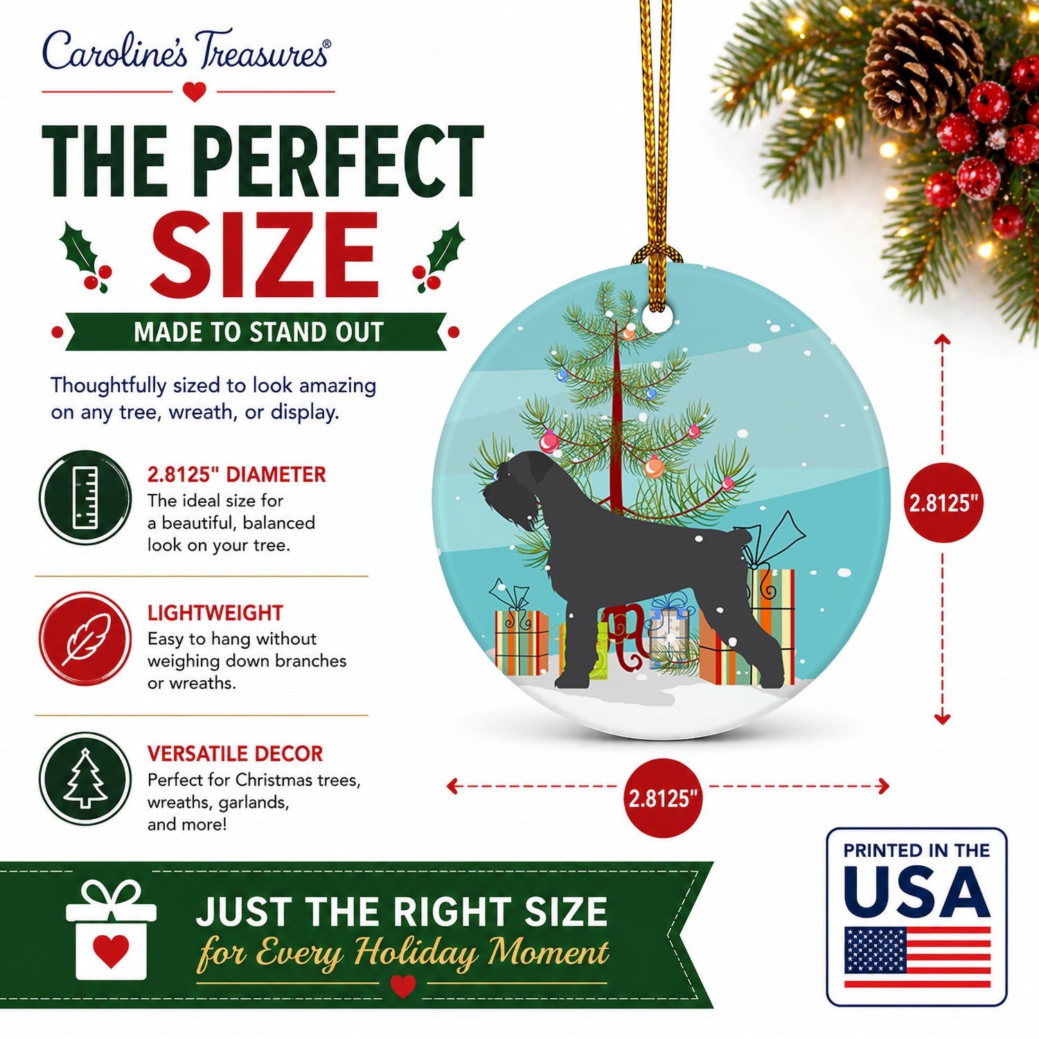 Giant Schnauzer Merry Christmas Tree Ceramic Ornament Christmas Tree Hanging Decorations for Home Christmas Holiday, Party, Gift, 3 in, Multicolor