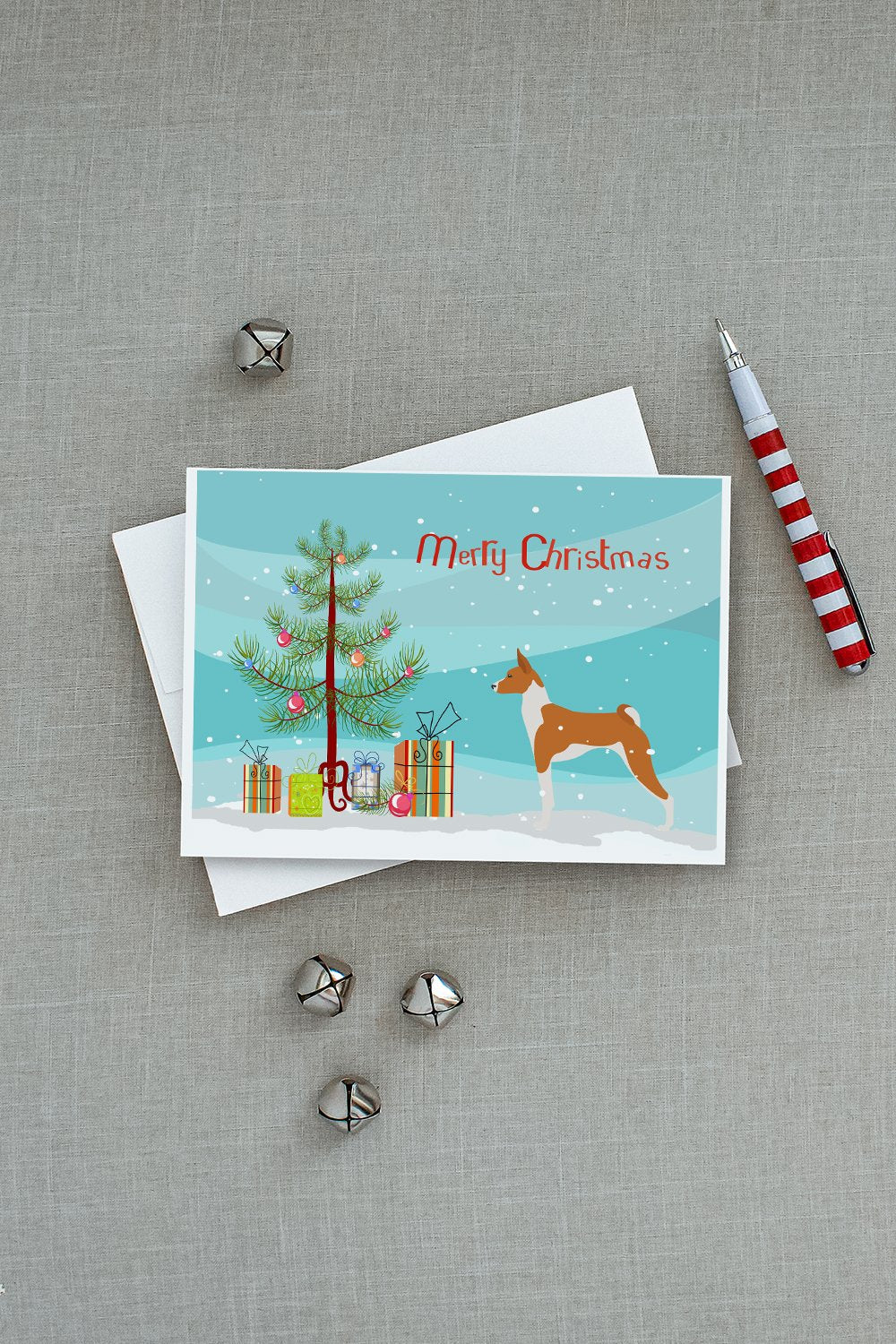 Basenji Merry Christmas Tree Greeting Cards Pack of 8 Blank Cards with Envelopes Whimsical A7 Size 5x7