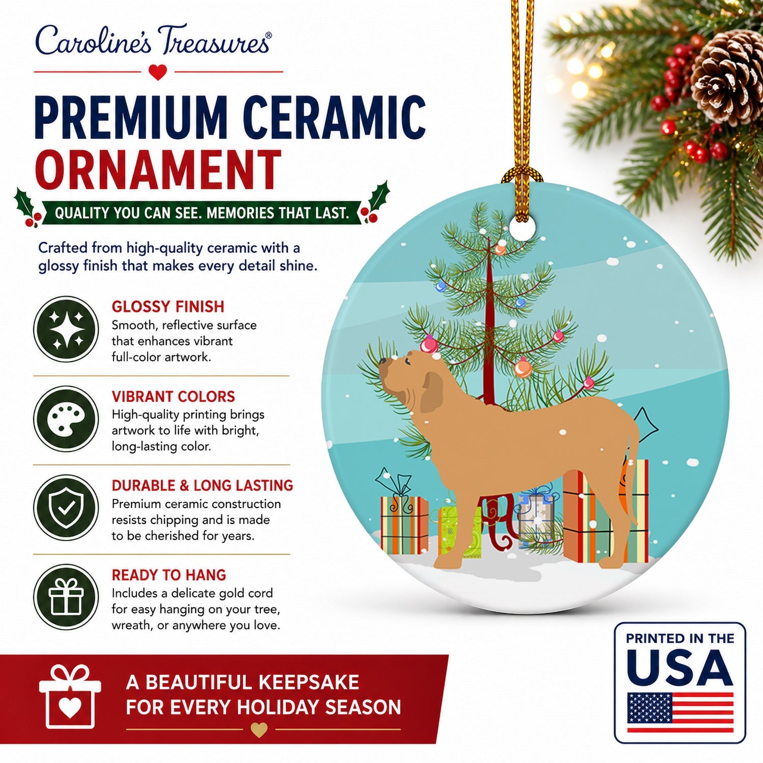 Fila Brasileiro Merry Christmas Tree Ceramic Ornament Christmas Tree Hanging Decorations for Home Christmas Holiday, Party, Gift, 3 in, Multicolor
