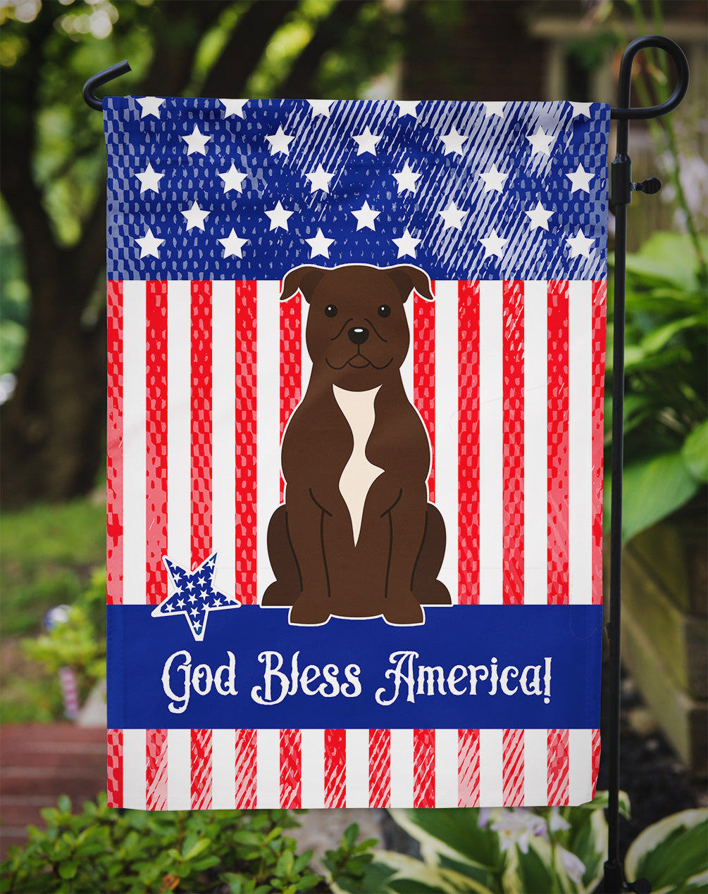 Patriotic USA Staffordshire Bull Terrier Chocolate Garden Flag Mailbox Decorative Yard Banner Outside Patio Artwork for Flower Beds, Garden Size, Multicolor