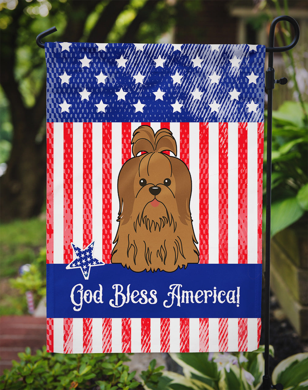 Patriotic USA Shih Tzu Silver Chocolate Garden Flag Mailbox Decorative Yard Banner Outside Patio Artwork for Flower Beds, Garden Size, Multicolor