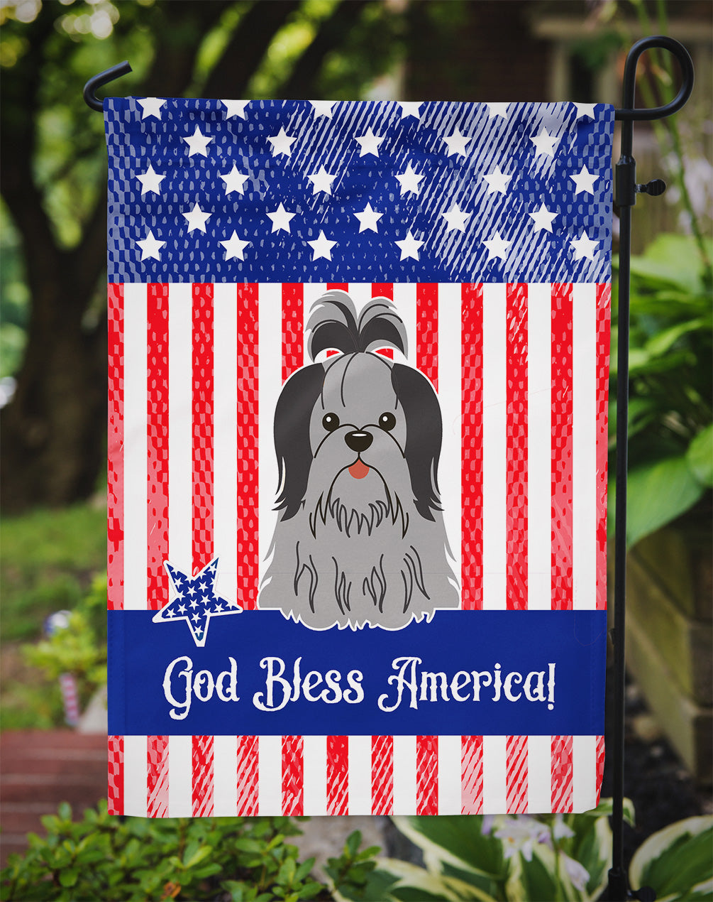 Patriotic USA Shih Tzu Black Silver Garden Flag Mailbox Decorative Yard Banner Outside Patio Artwork for Flower Beds, Garden Size, Multicolor