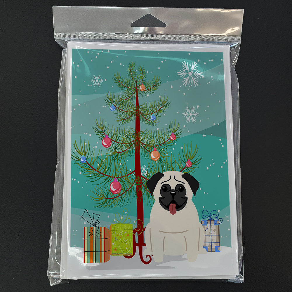 Merry Christmas Tree Pug Cream Greeting Cards Pack of 8 Blank Cards with Envelopes Whimsical A7 Size 5x7