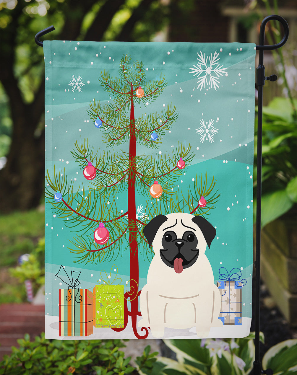 Merry Christmas Tree Pug Cream Garden Flag Mailbox Decorative Yard Banner Outside Patio Artwork for Flower Beds, Garden Size, Multicolor