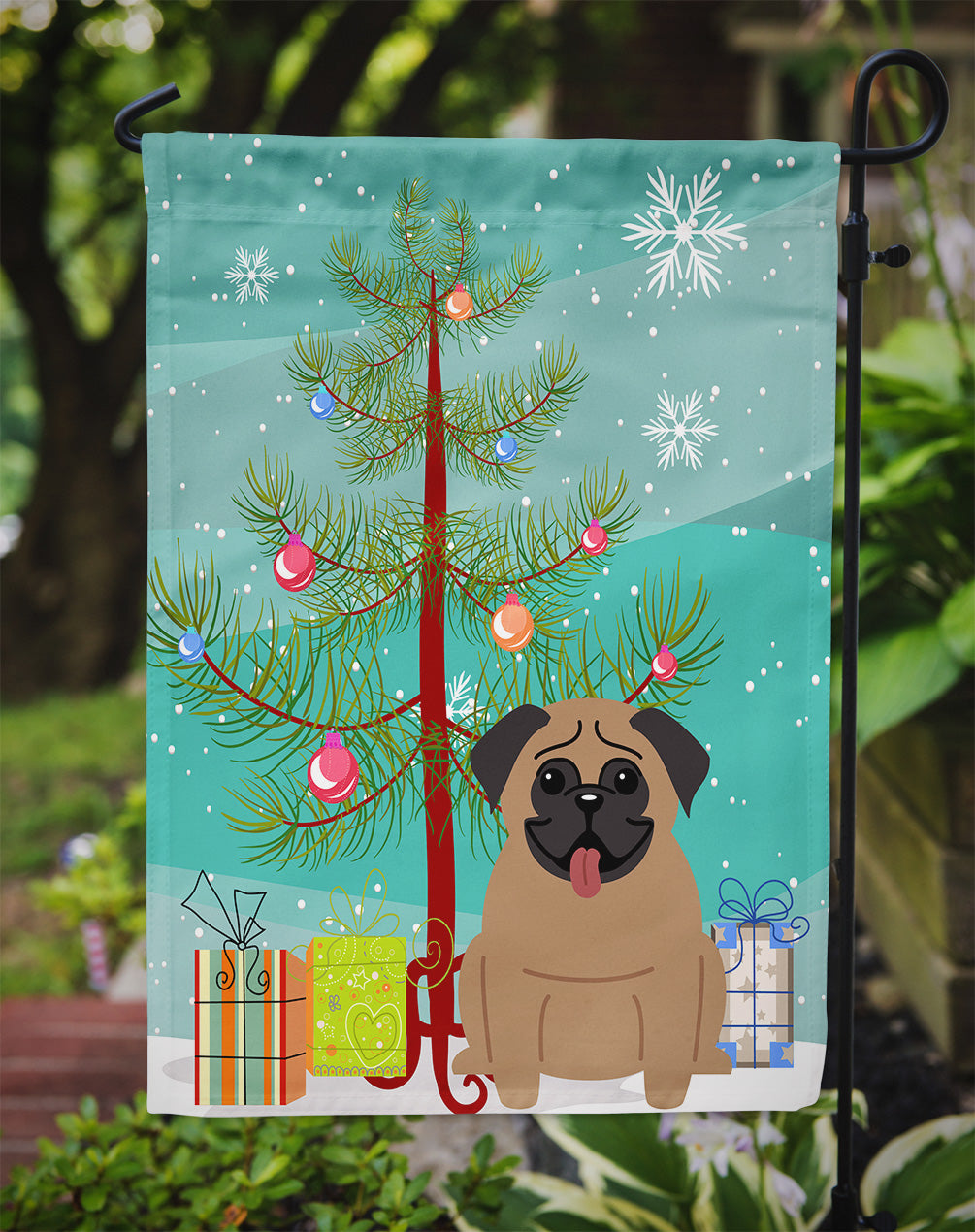 Merry Christmas Tree Pug Brown Garden Flag Mailbox Decorative Yard Banner Outside Patio Artwork for Flower Beds, Garden Size, Multicolor