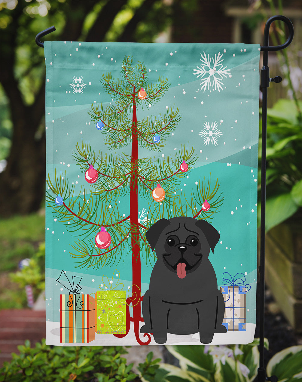 Merry Christmas Tree Pug Black Garden Flag Mailbox Decorative Yard Banner Outside Patio Artwork for Flower Beds, Garden Size, Multicolor