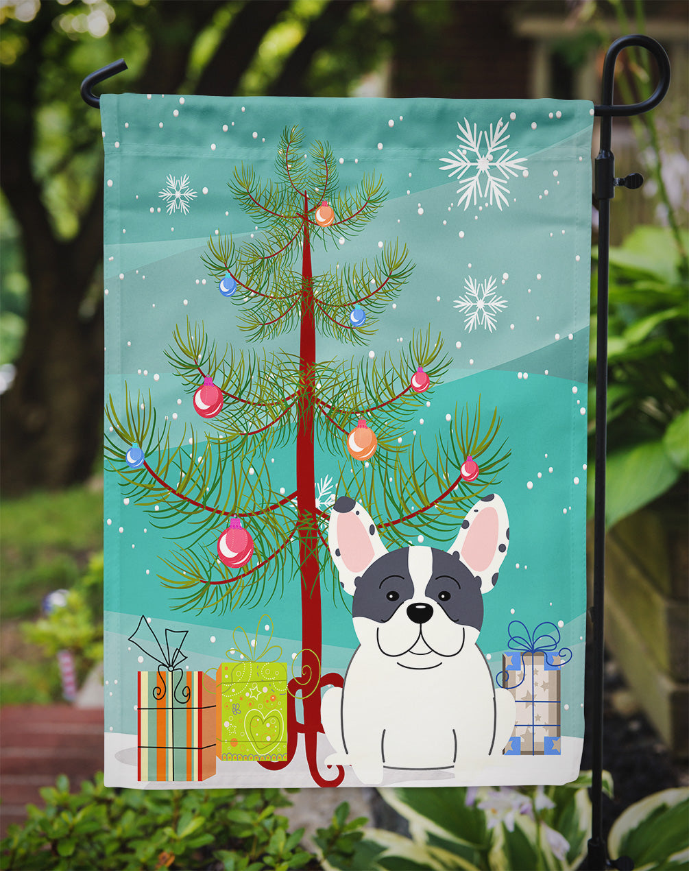 Merry Christmas Tree French Bulldog Piebald Garden Flag Mailbox Decorative Yard Banner Outside Patio Artwork for Flower Beds, Garden Size, Multicolor