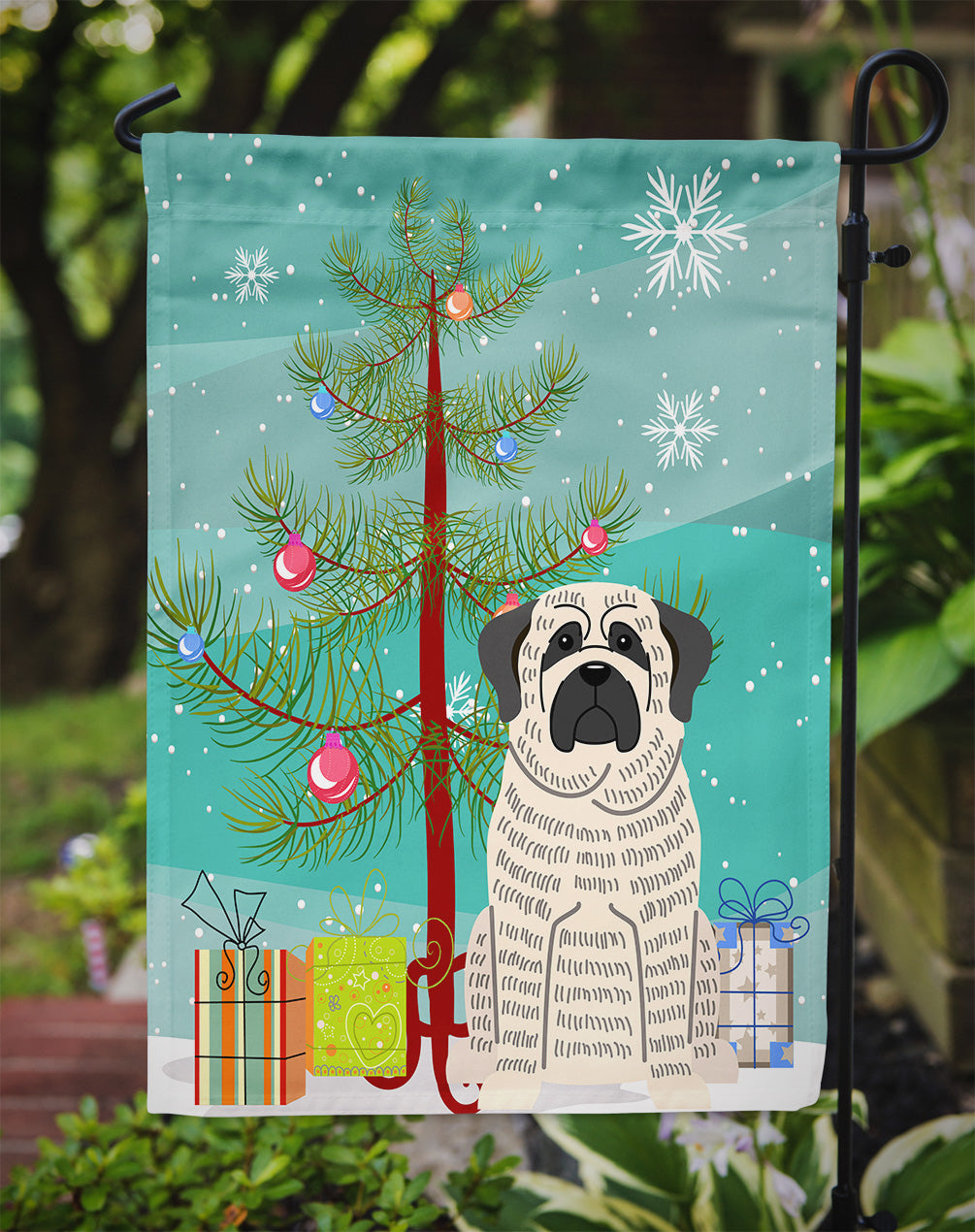 Merry Christmas Tree Mastiff Brindle White Garden Flag Mailbox Decorative Yard Banner Outside Patio Artwork for Flower Beds, Garden Size, Multicolor
